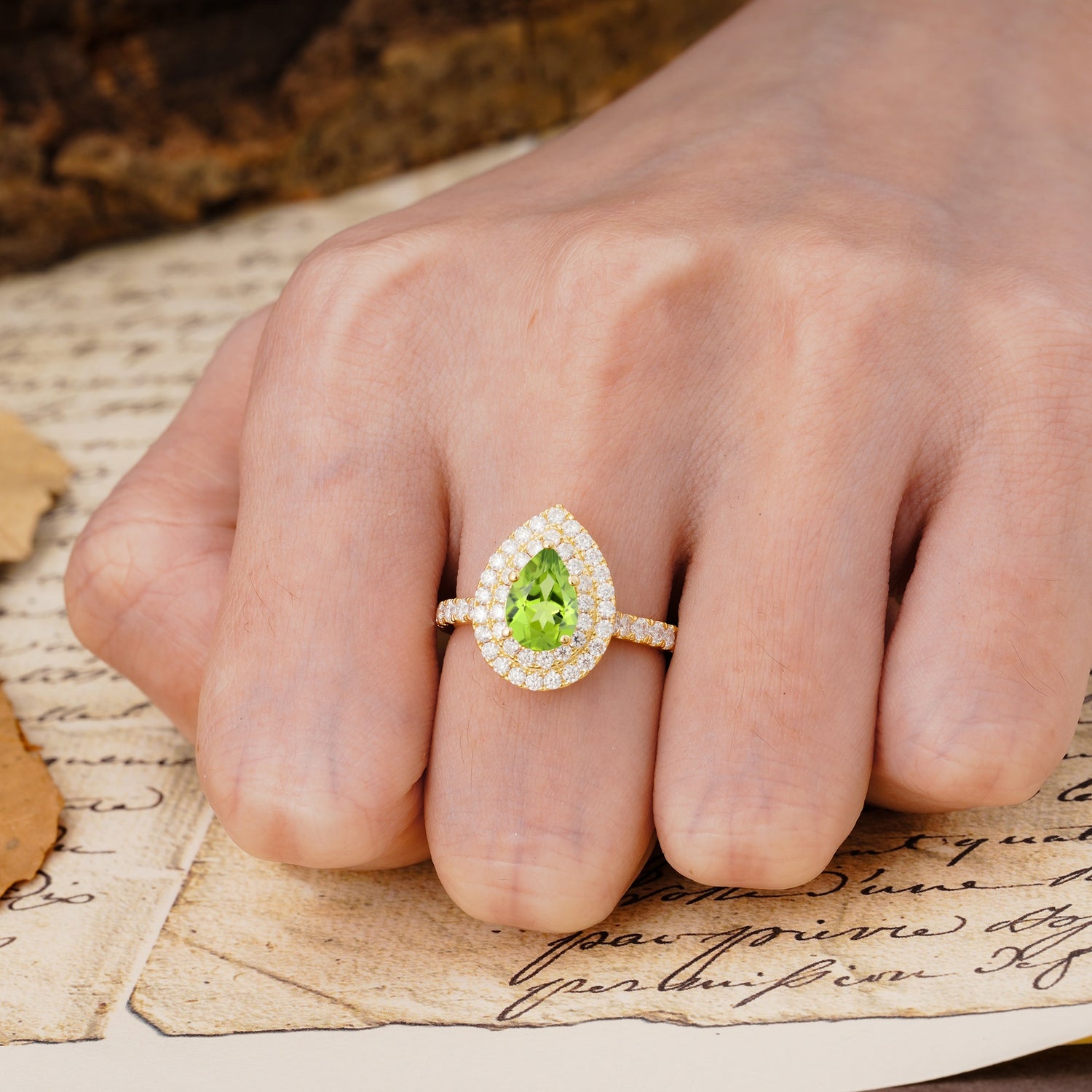 Retro-Luxe 5-Prong Pear Cut Peridot Engagement Ring - Additional view