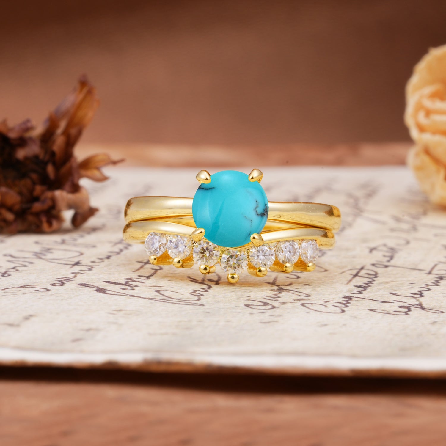 Classic Luxury Vintage 5-Prong Pear Cut Turquoise Engagement Ring - Yellow-Gold