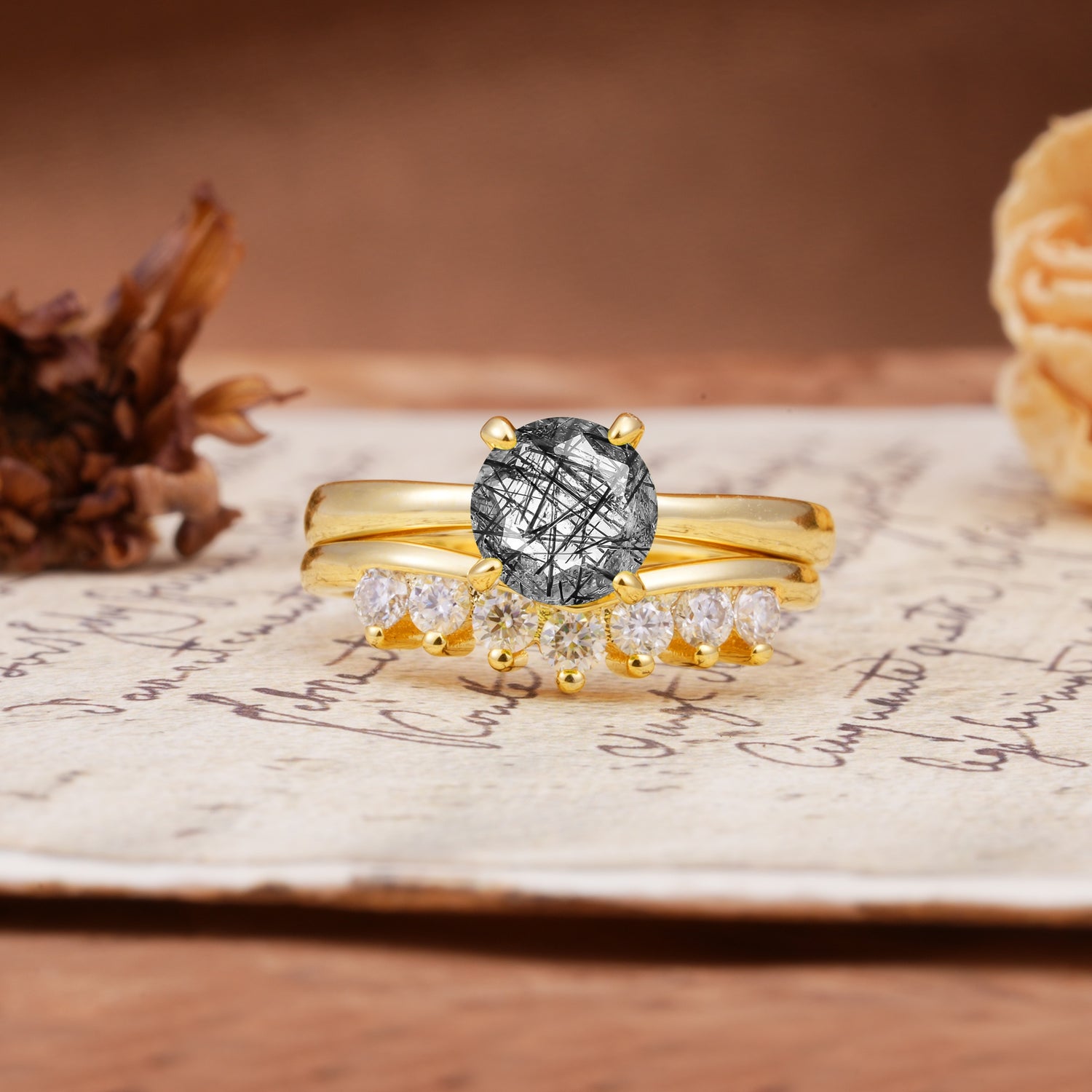 Classic Luxury Vintage 5-Prong Pear Cut Black Rutilated Quartz Engagement Ring - Yellow-Gold