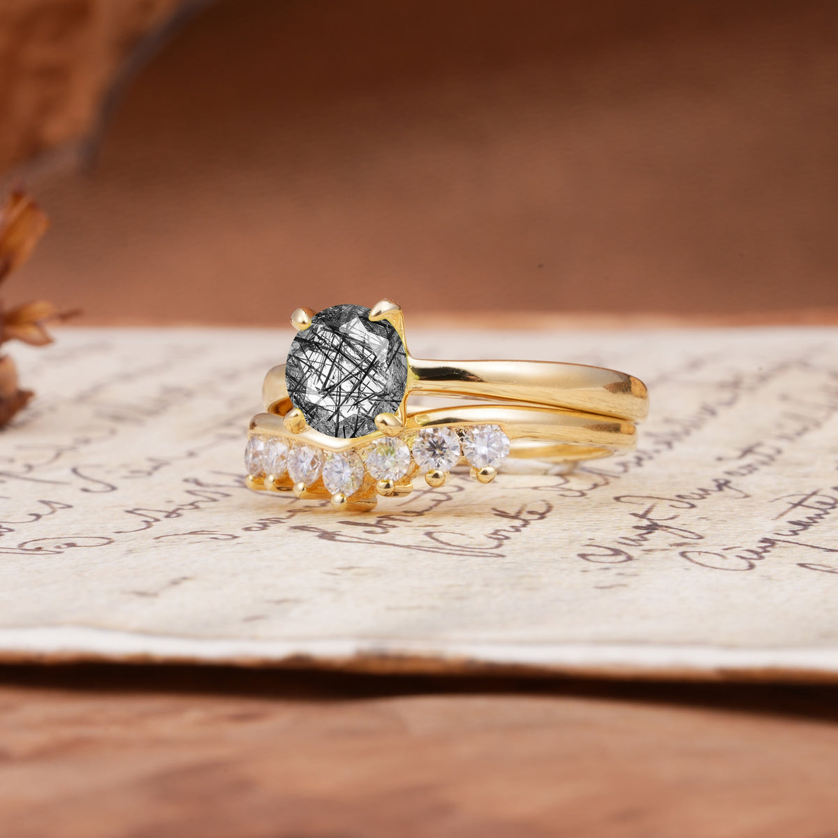 Classic Luxury Vintage 5-Prong Pear Cut Black Rutilated Quartz Engagement Ring - Rose-Gold