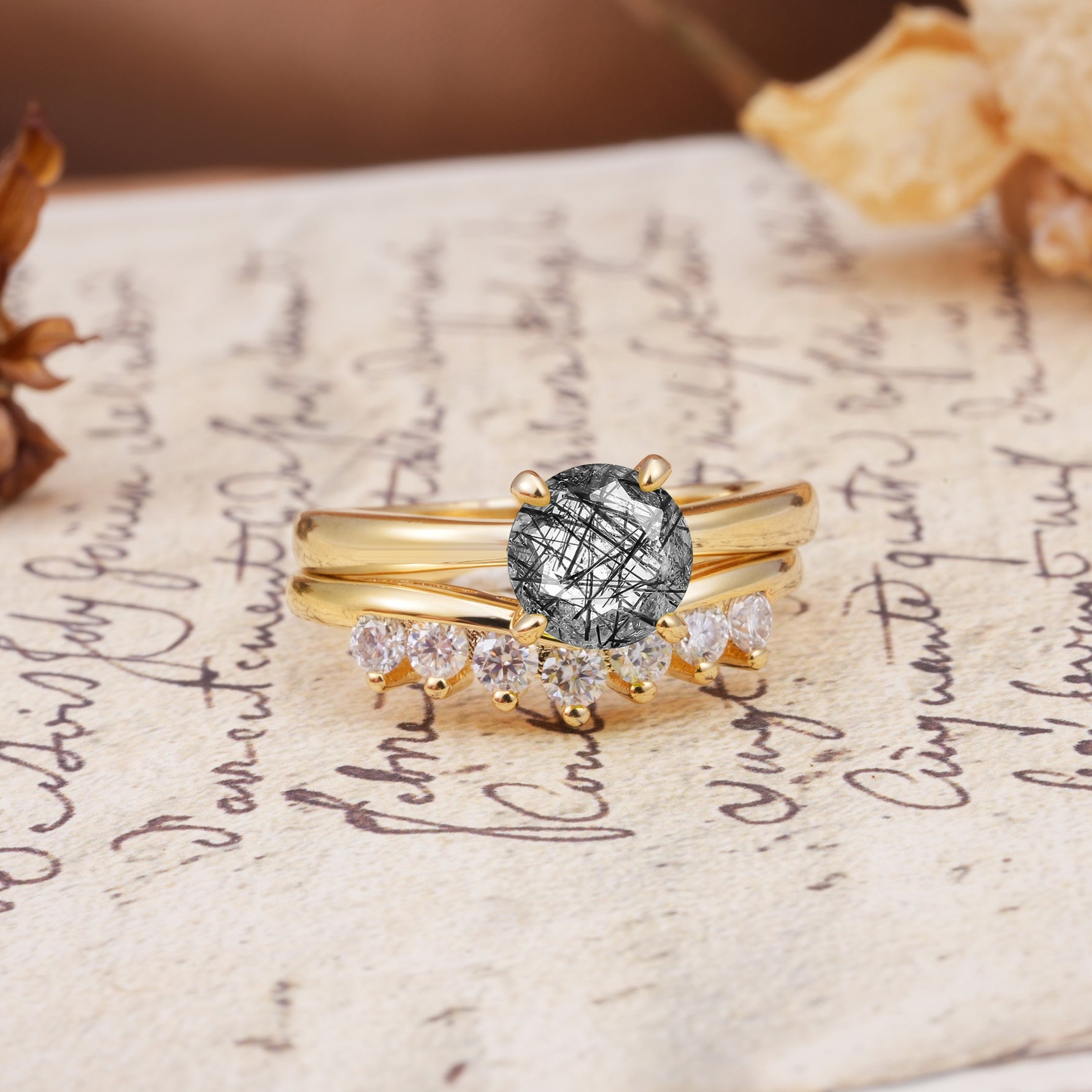 Classic Luxury Vintage 5-Prong Pear Cut Black Rutilated Quartz Engagement Ring - White-Gold