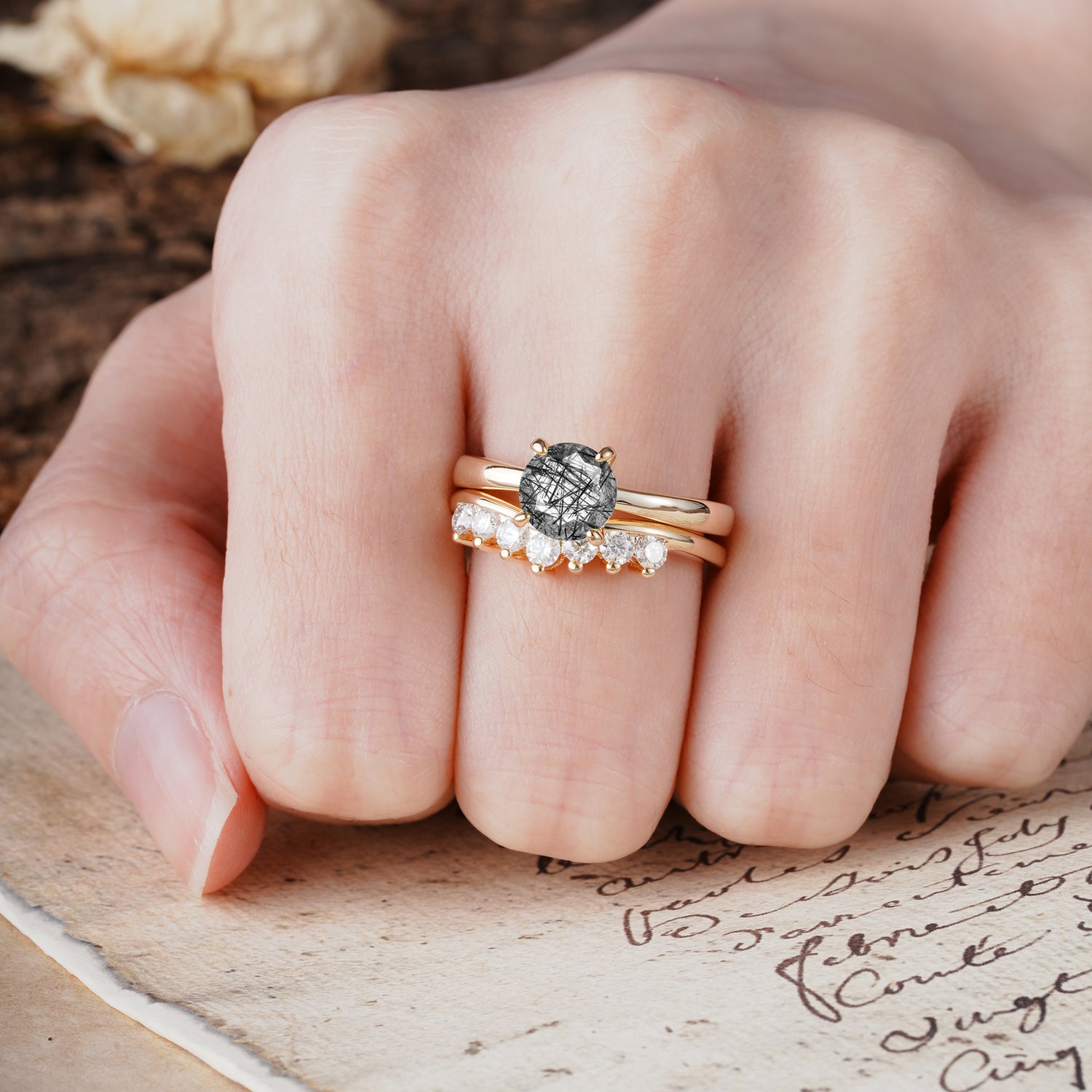 Classic Luxurious 4-Prong Round Cut Black Rutilated Quartz Wedding Bride Ring Set
