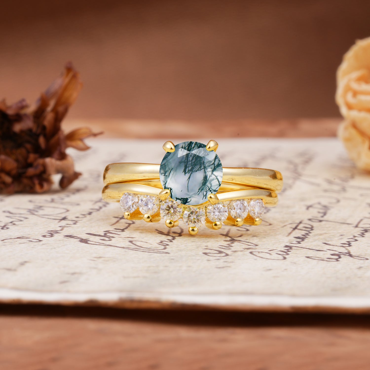 Classic Luxurious 4-Prong Round Cut Moss Agate Wedding Bride Ring Set