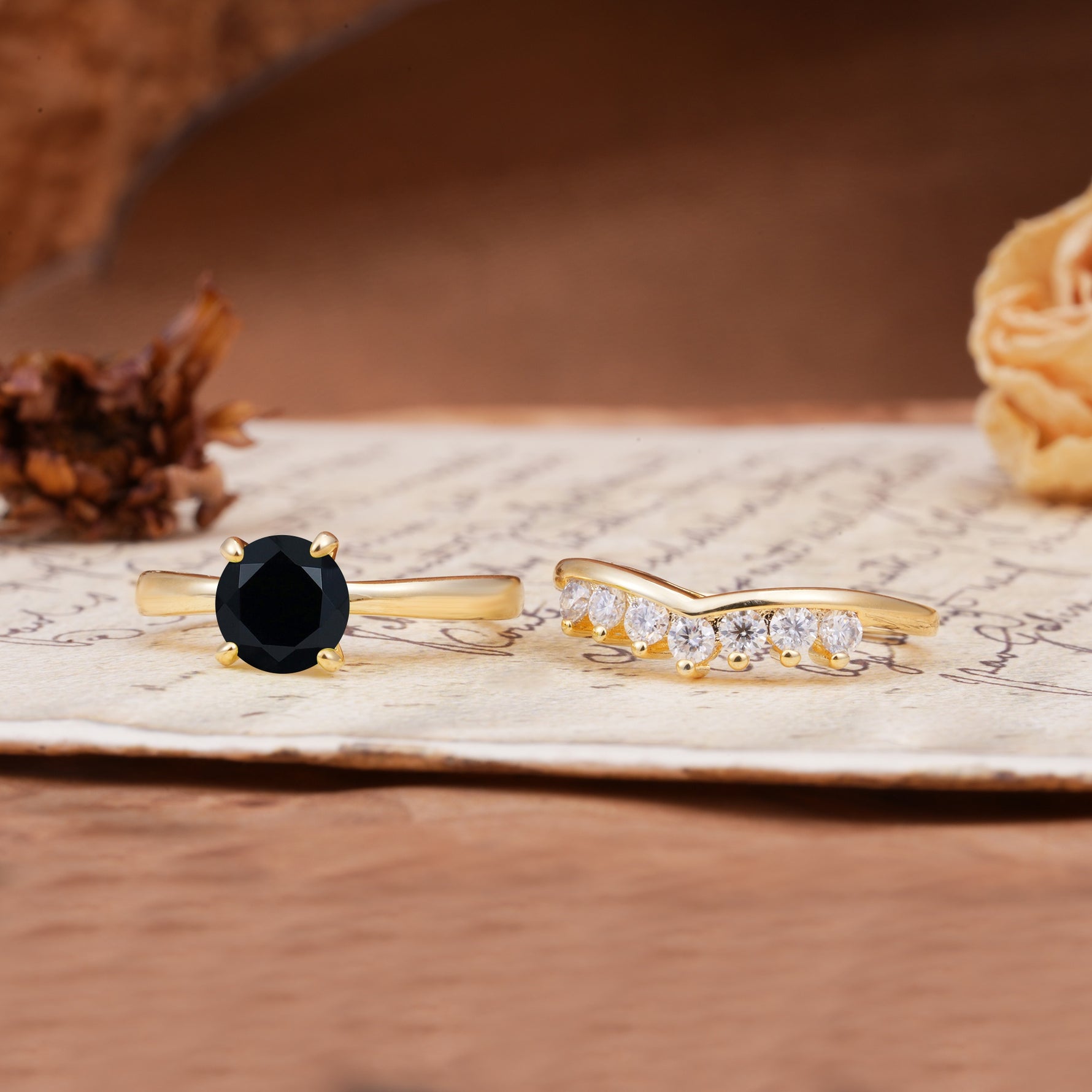 Classic Luxury Vintage 5-Prong Pear Cut Black Onyx Engagement Ring - Additional view
