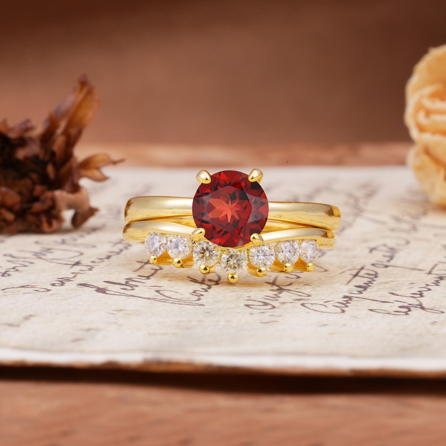 Classic Luxury Vintage 5-Prong Pear Cut Garnet Engagement Ring - Yellow-Gold