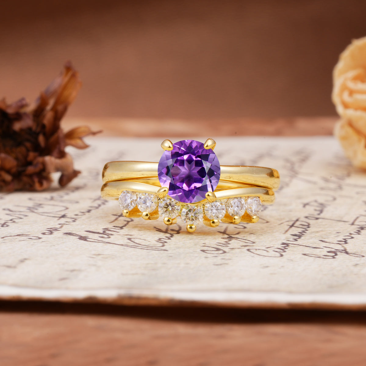 Classic Luxury Vintage 5-Prong Pear Cut Amethyst Engagement Ring - Yellow-Gold