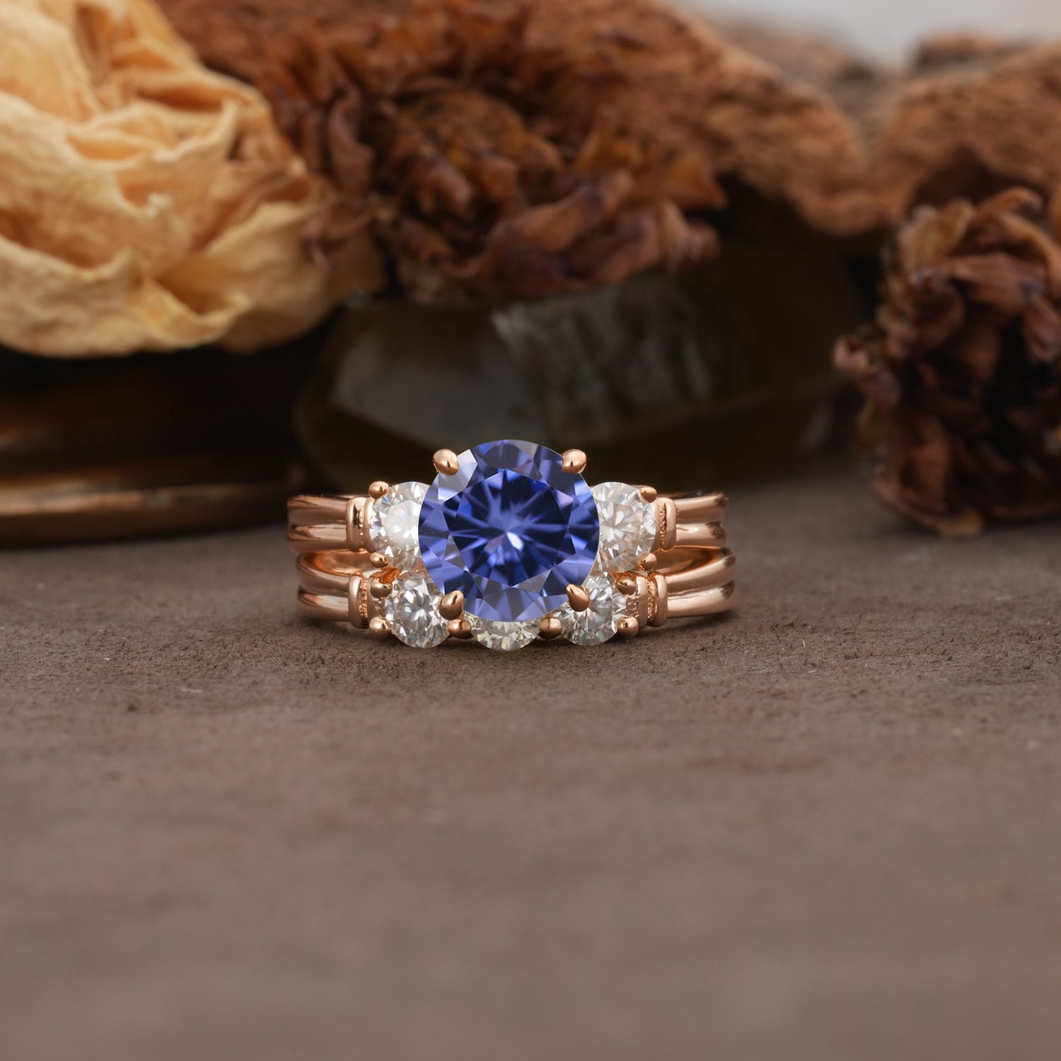 Unique and Elegant 4-Prong Round Cut Tanzanite Three Stones Bridal Ring Set