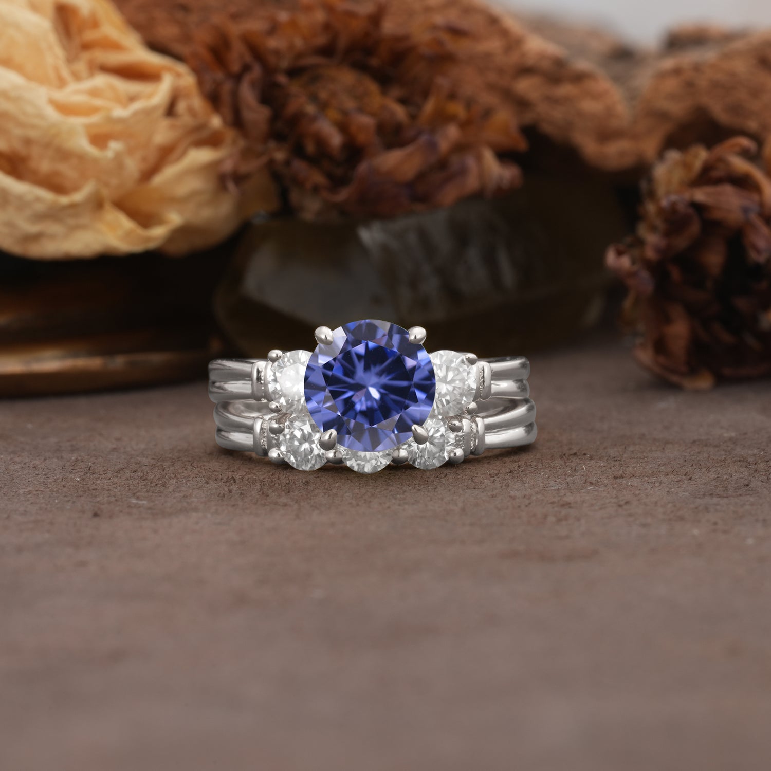 Unique and Elegant 4-Prong Round Cut Tanzanite Three Stones Bridal Ring Set