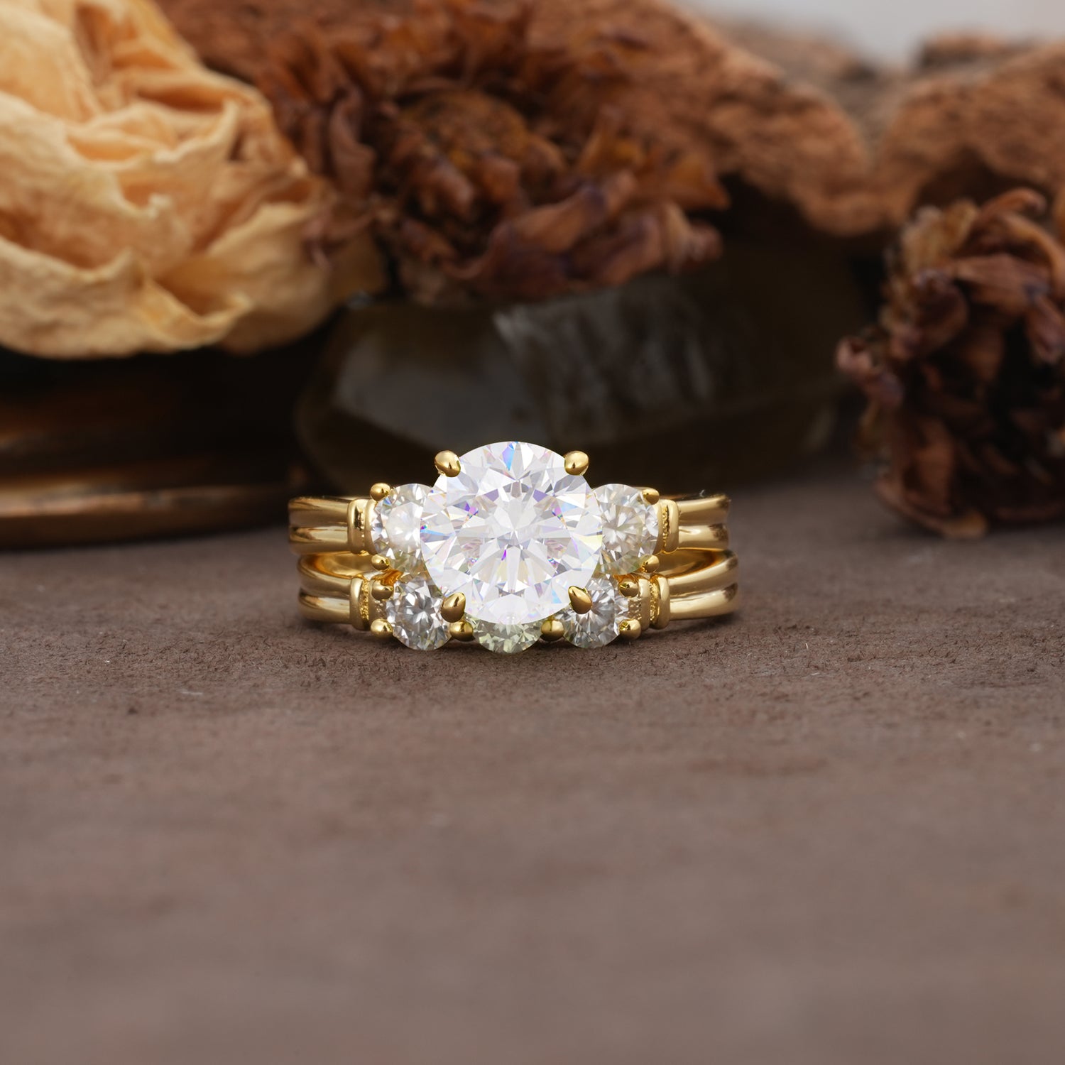 Unique and Elegant 4-Prong Round Cut Moissanite Three Stones Bridal Ring Set