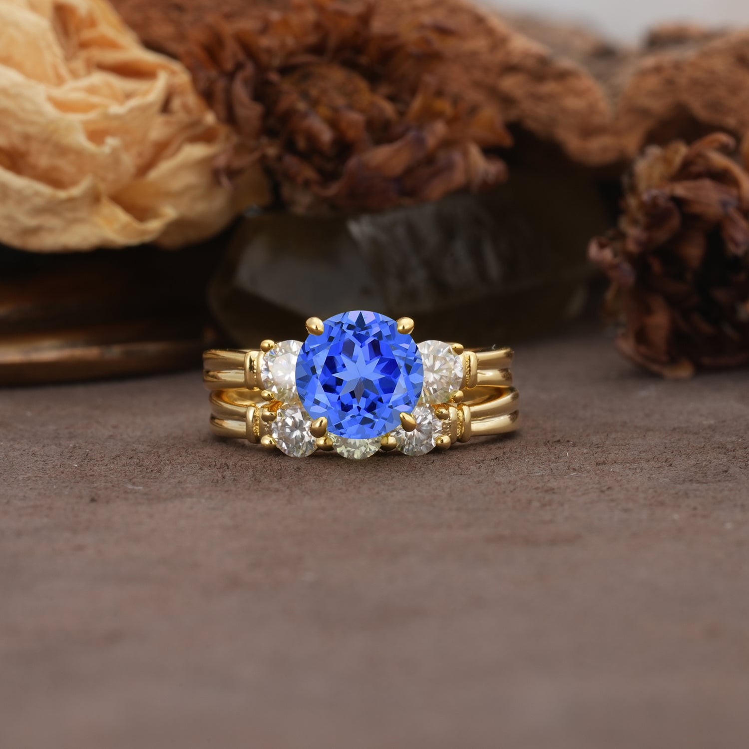 Unique and Elegant 4-Prong Round Cut Sapphire Three Stones Bridal Ring Set