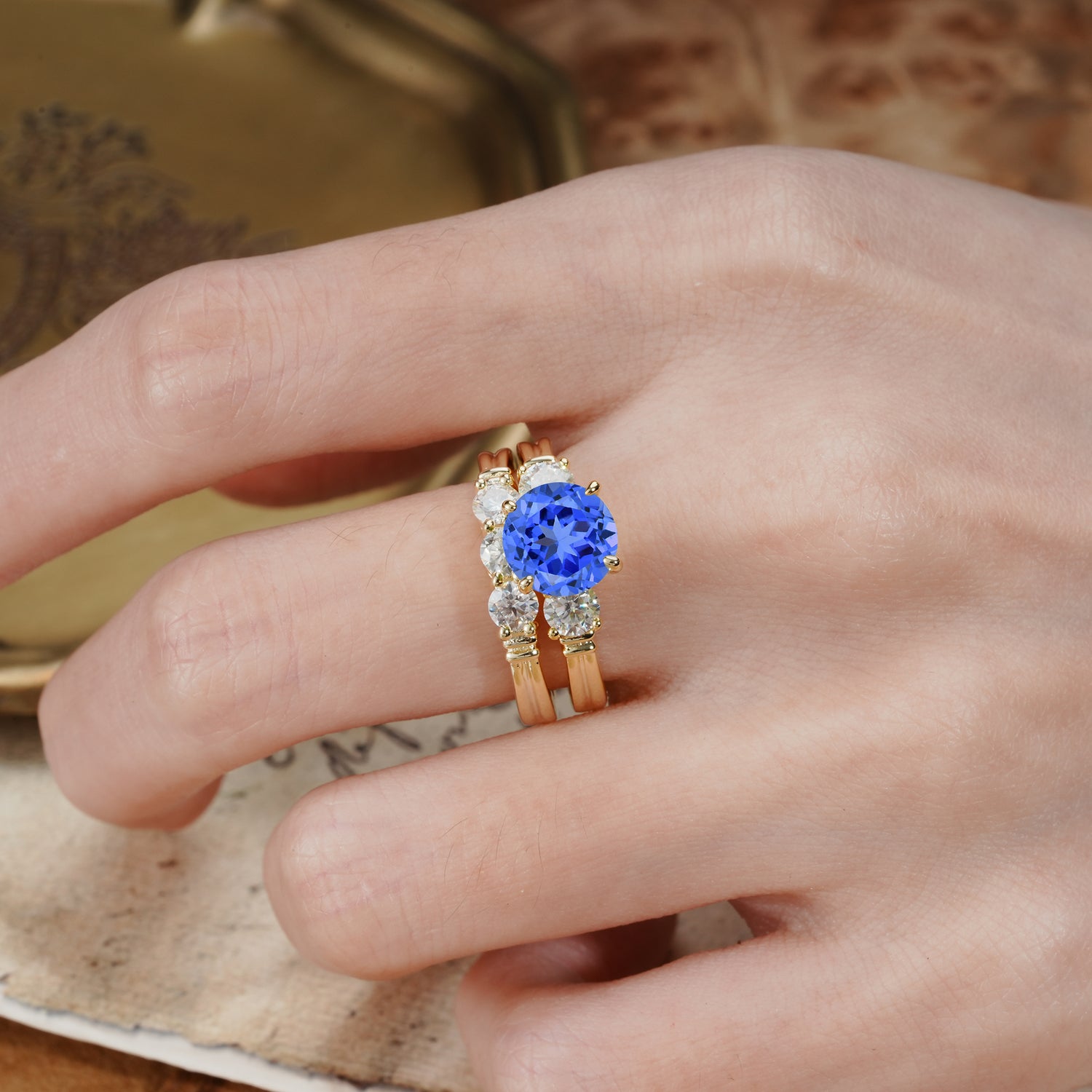 Unique and Elegant 4-Prong Round Cut Sapphire Three Stones Bridal Ring Set