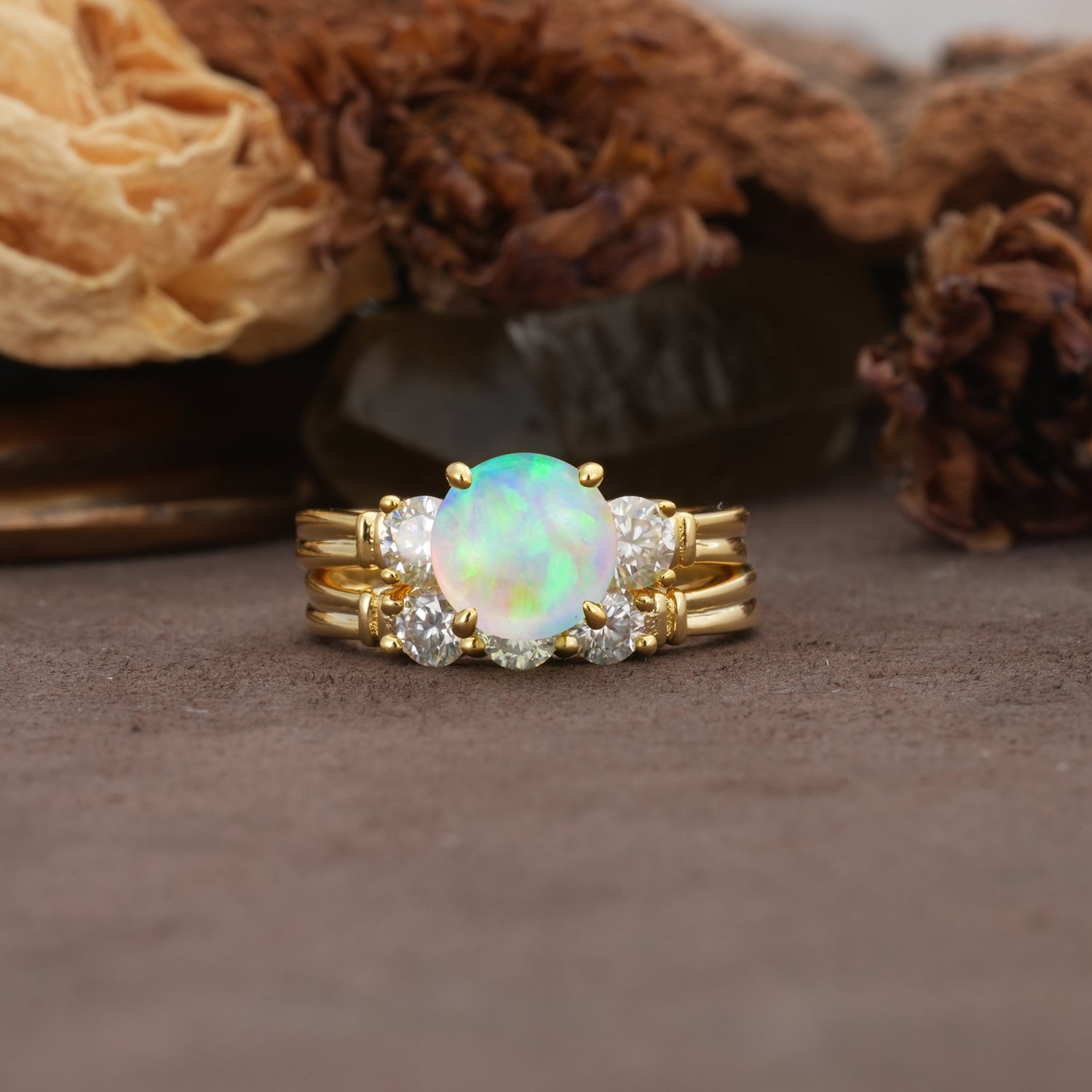 Unique and Elegant 4-Prong Round Cut Fire Opal Three Stones Bridal Ring Set