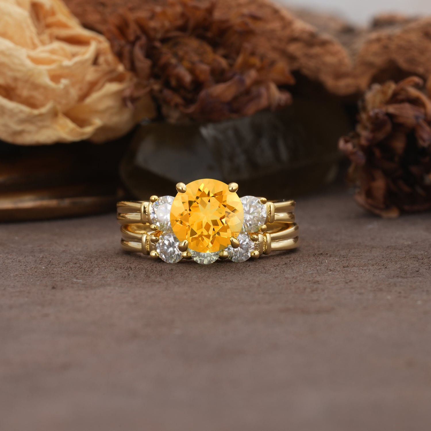 Unique and Elegant 4-Prong Round Cut Citrine Three Stones Bridal Ring Set
