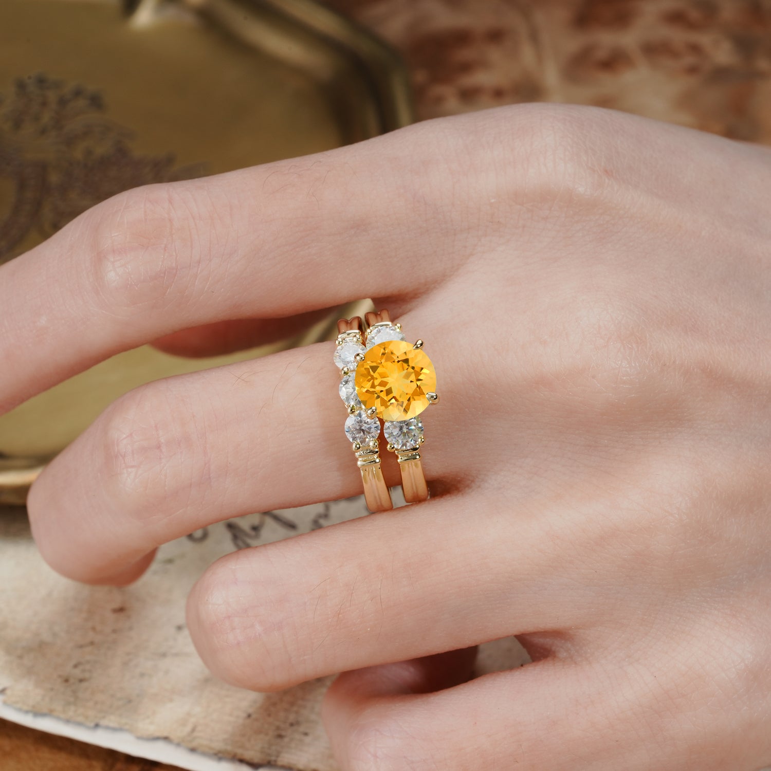 Unique and Elegant 4-Prong Round Cut Citrine Three Stones Bridal Ring Set