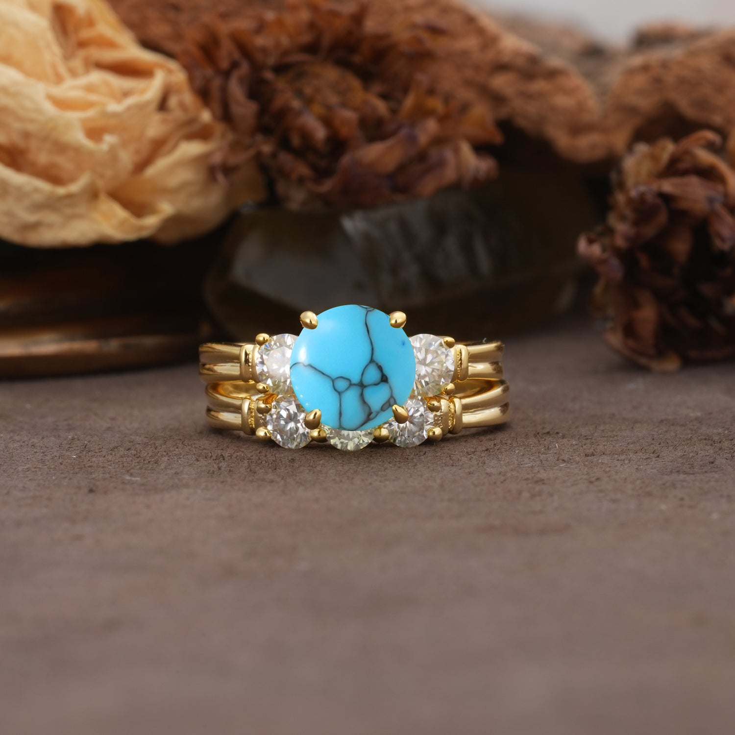 Unique and Elegant 4-Prong Round Cut Turquoise Three Stones Bridal Ring Set