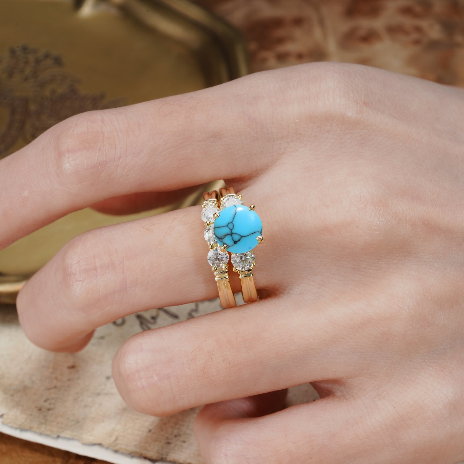 Unique and Elegant 4-Prong Round Cut Turquoise Three Stones Bridal Ring Set