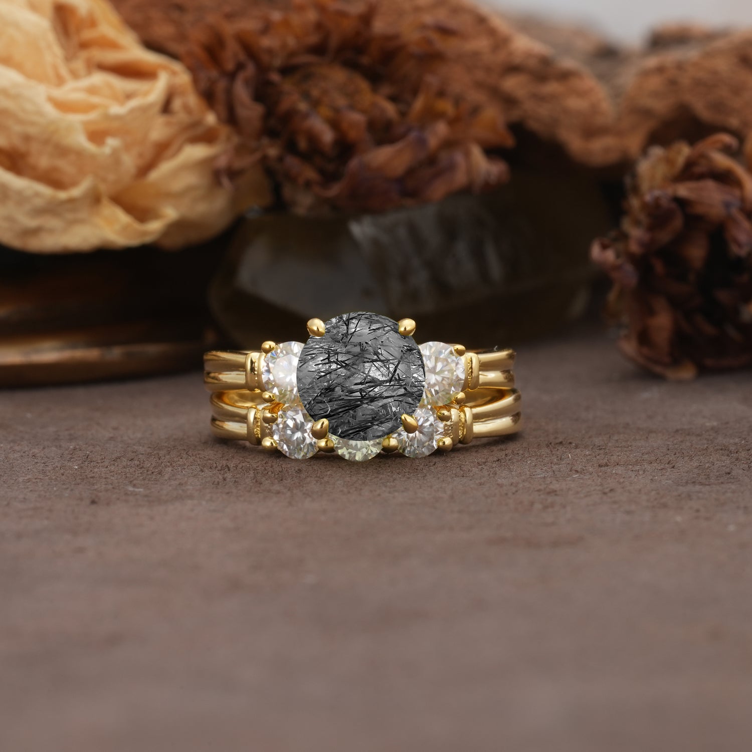 Unique and Elegant 4-Prong Round Cut Black Rutilated Quartz Three Stones Bridal Ring Set