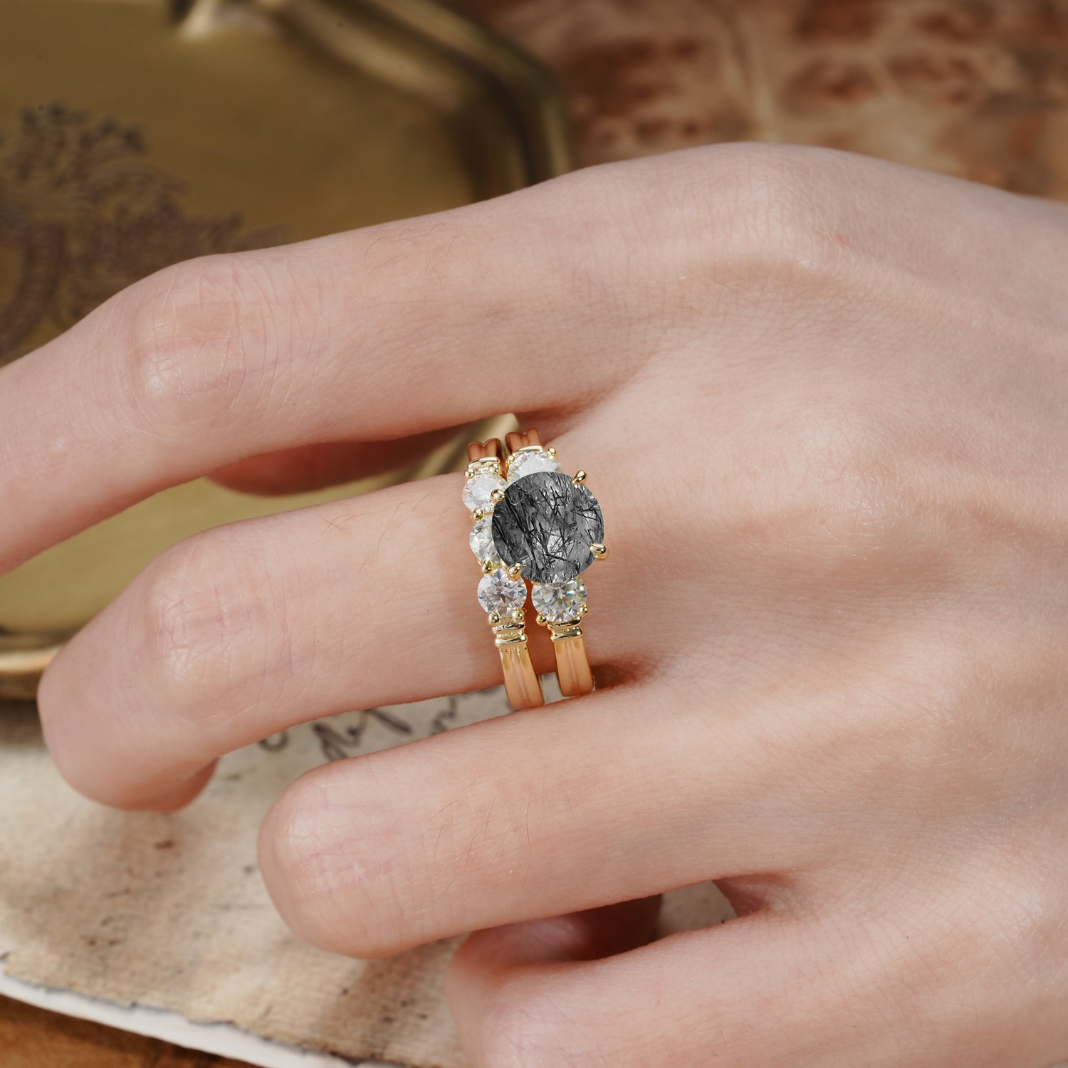 Unique and Elegant 4-Prong Round Cut Black Rutilated Quartz Three Stones Bridal Ring Set