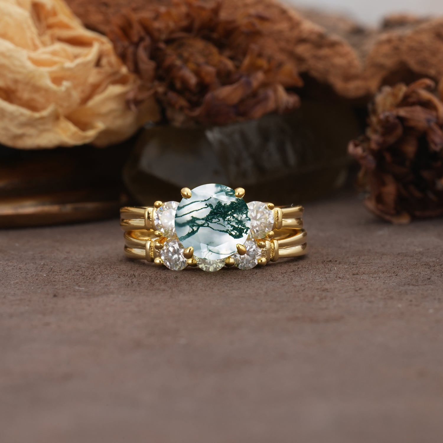 Unique and Elegant 4-Prong Round Cut Moss Agate Three Stones Bridal Ring Set
