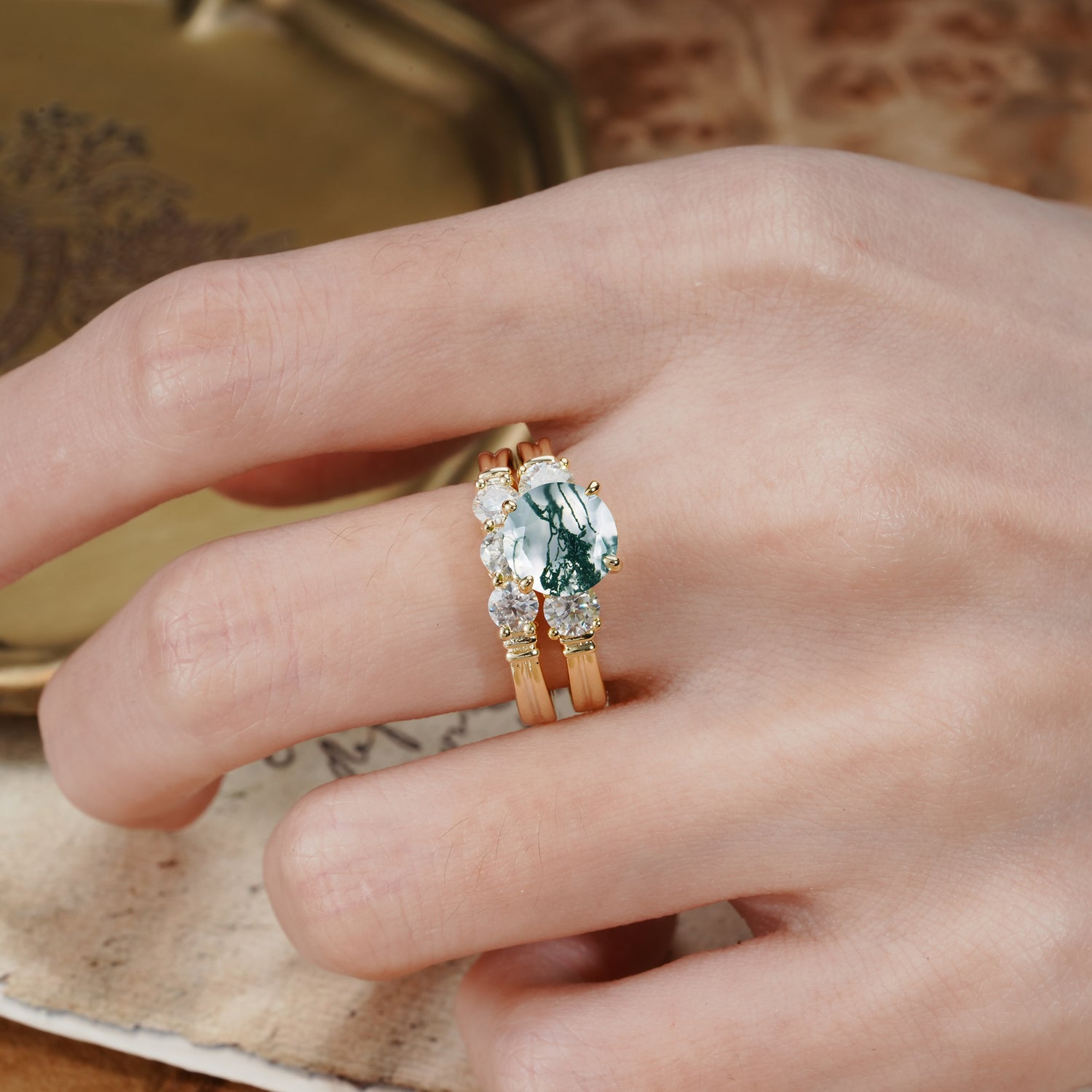 Unique and Elegant 4-Prong Round Cut Moss Agate Three Stones Bridal Ring Set