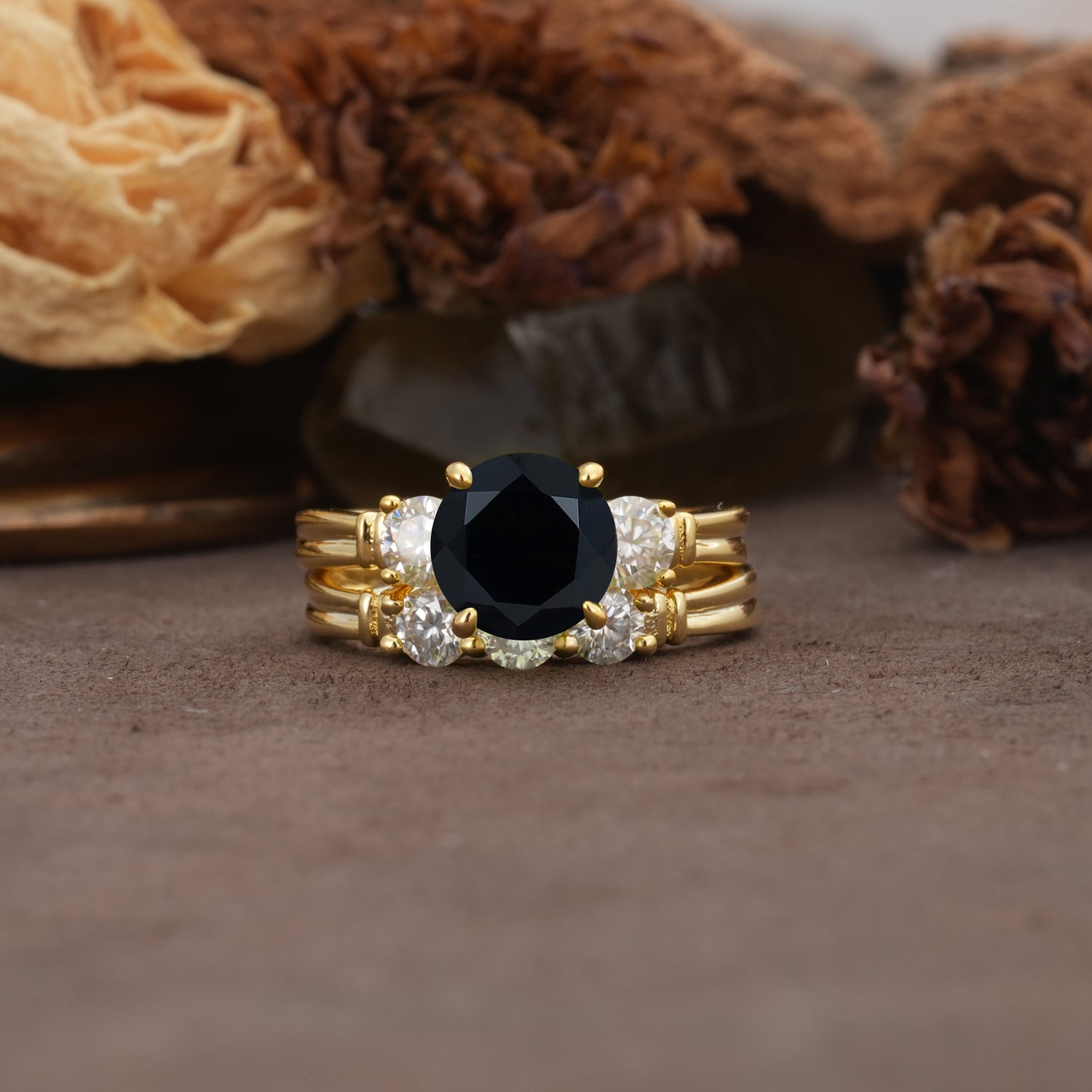 Unique and Elegant 4-Prong Round Cut Black Onyx Three Stones Bridal Ring Set