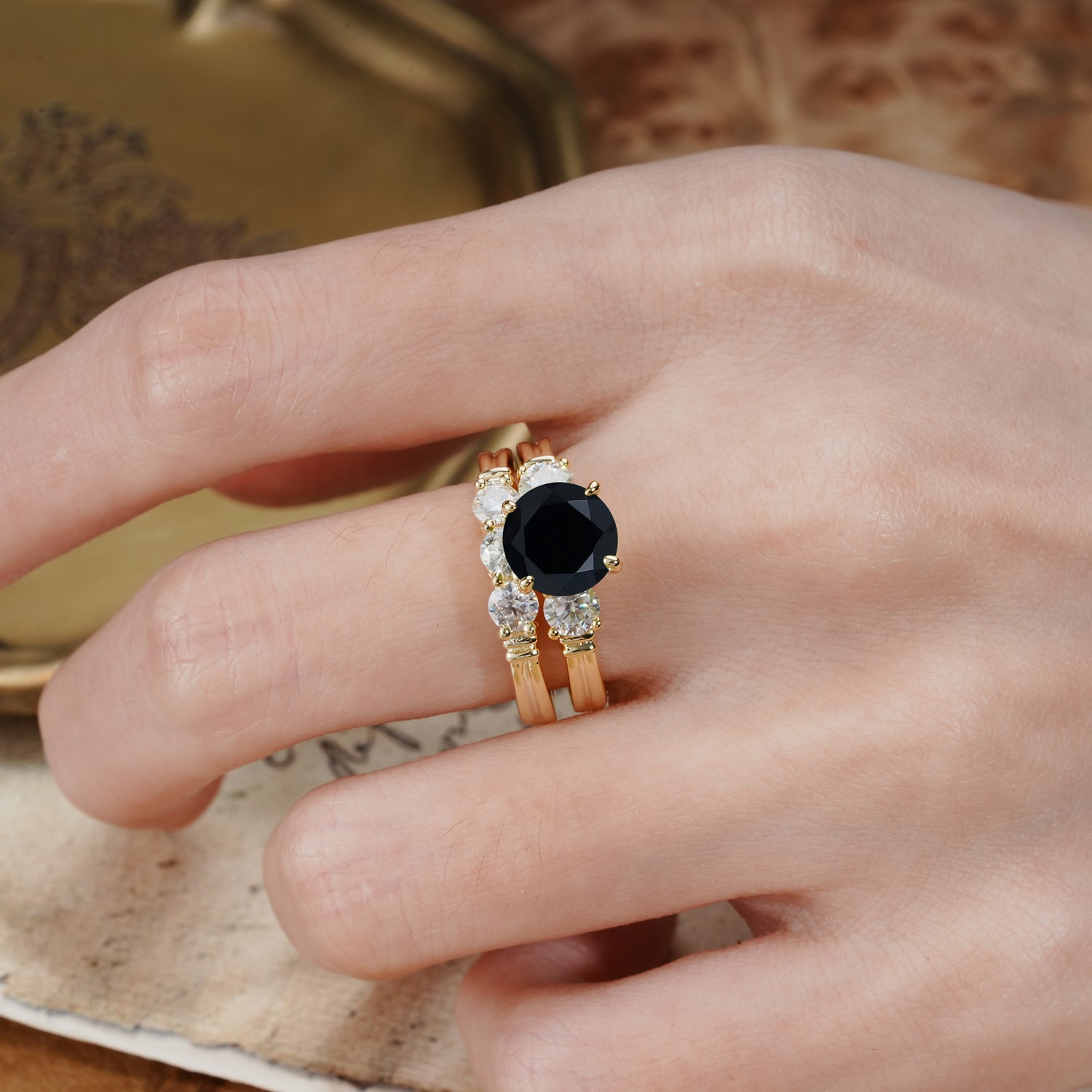 Unique and Elegant 4-Prong Round Cut Black Onyx Three Stones Bridal Ring Set