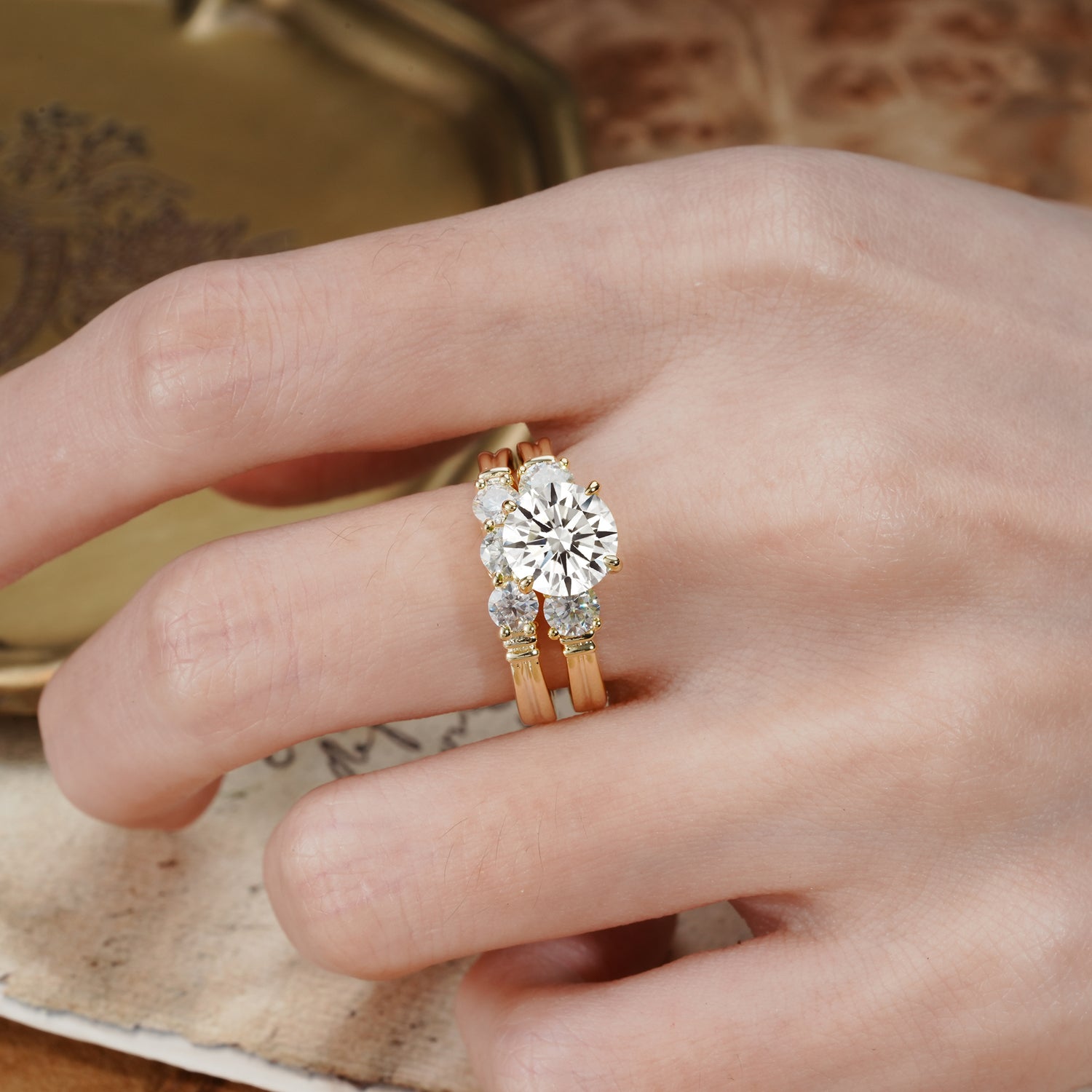 Unique and Elegant 4-Prong Round Cut Lab Diamond Three Stones Bridal Ring Set
