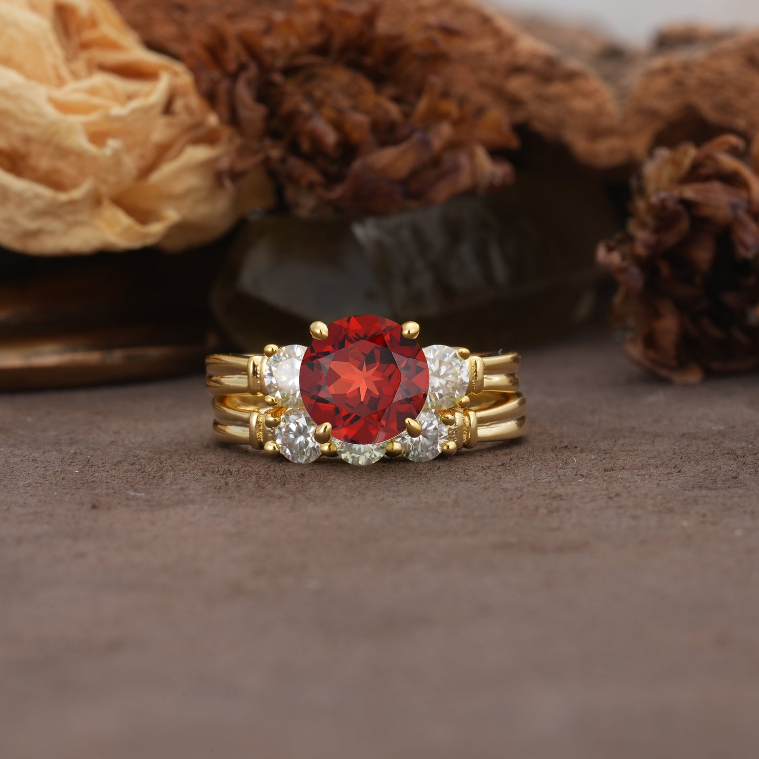 Unique and Elegant 4-Prong Round Cut Garnet Three Stones Bridal Ring Set