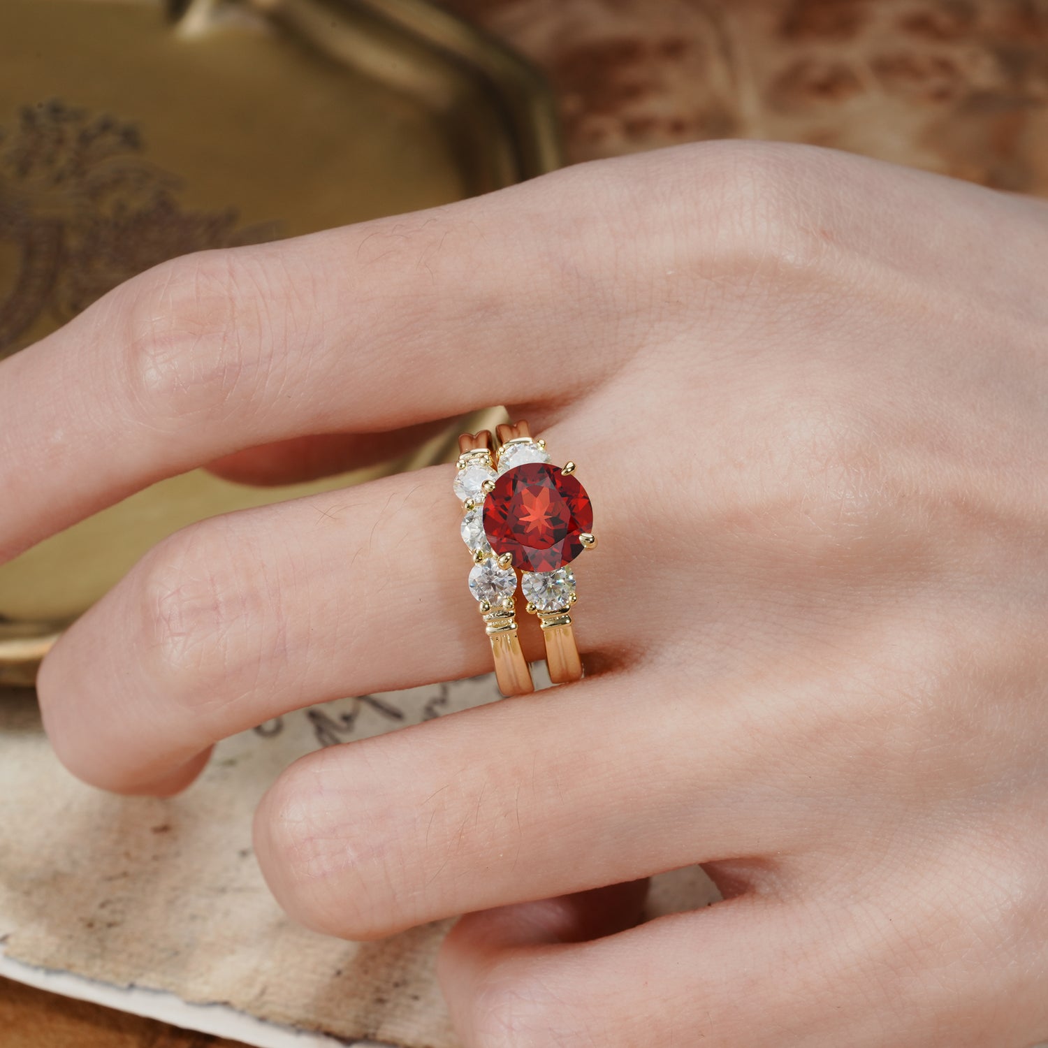 Unique and Elegant 4-Prong Round Cut Garnet Three Stones Bridal Ring Set