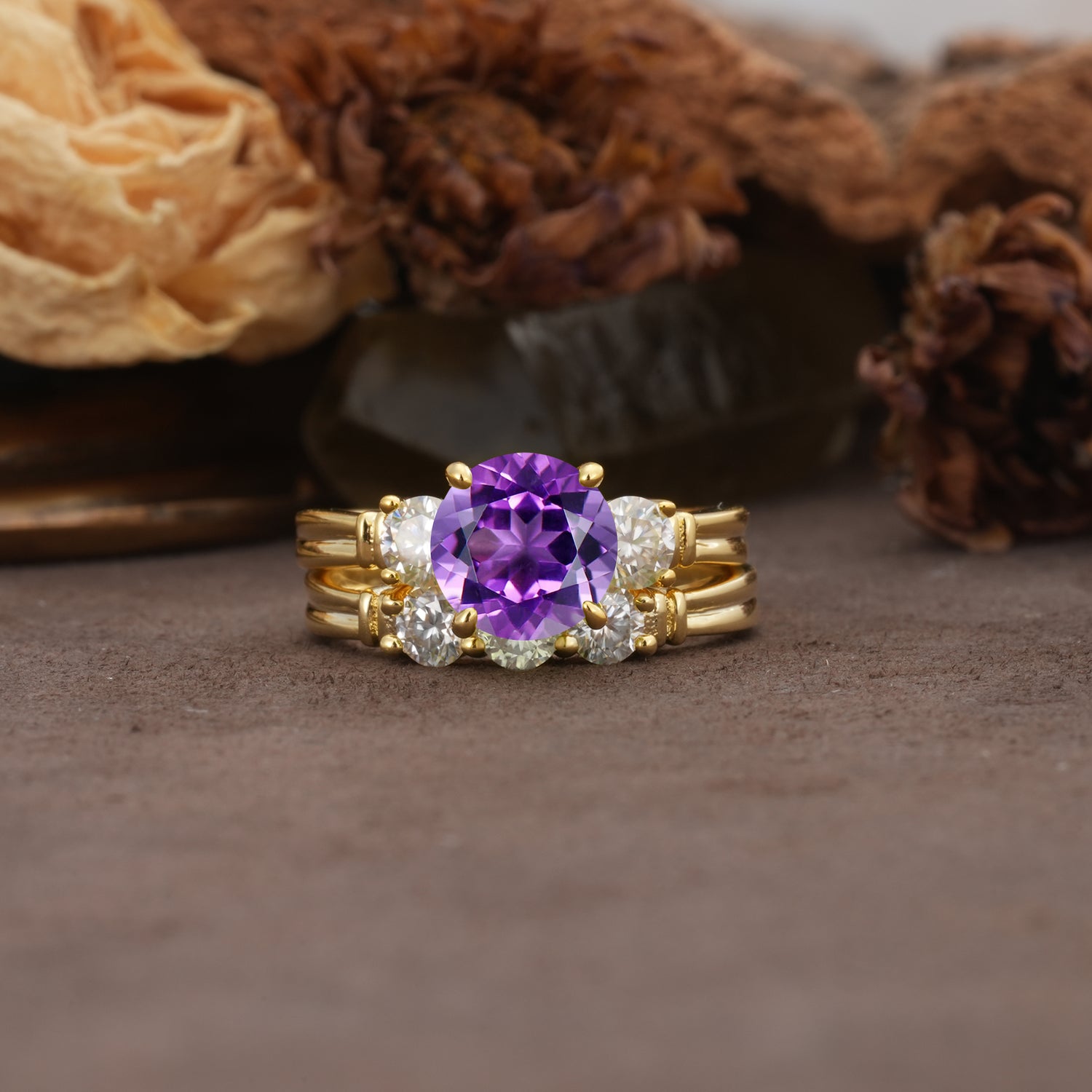 Unique and Elegant 4-Prong Round Cut Amethyst Three Stones Bridal Ring Set