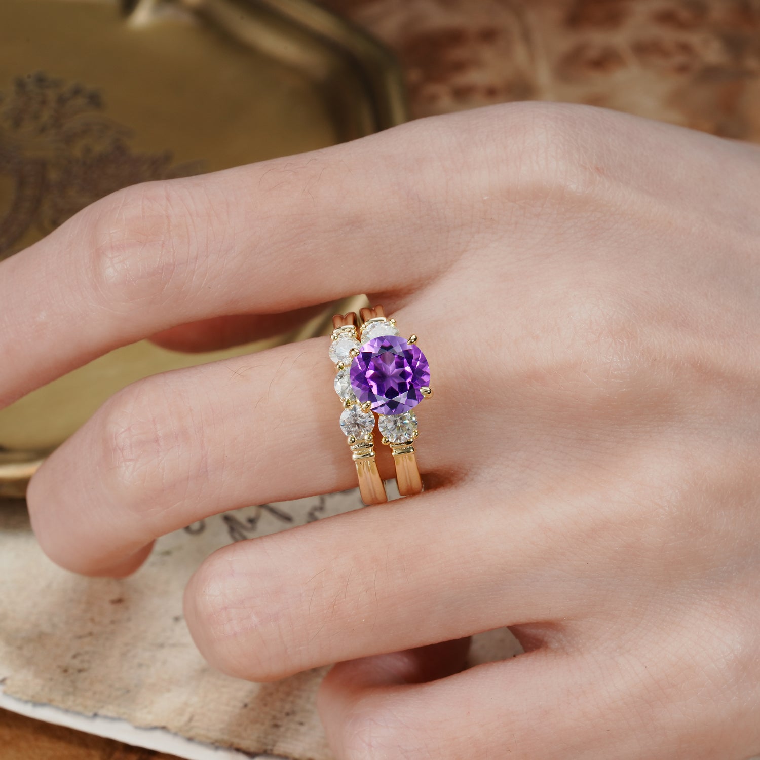 Unique and Elegant 4-Prong Round Cut Amethyst Three Stones Bridal Ring Set