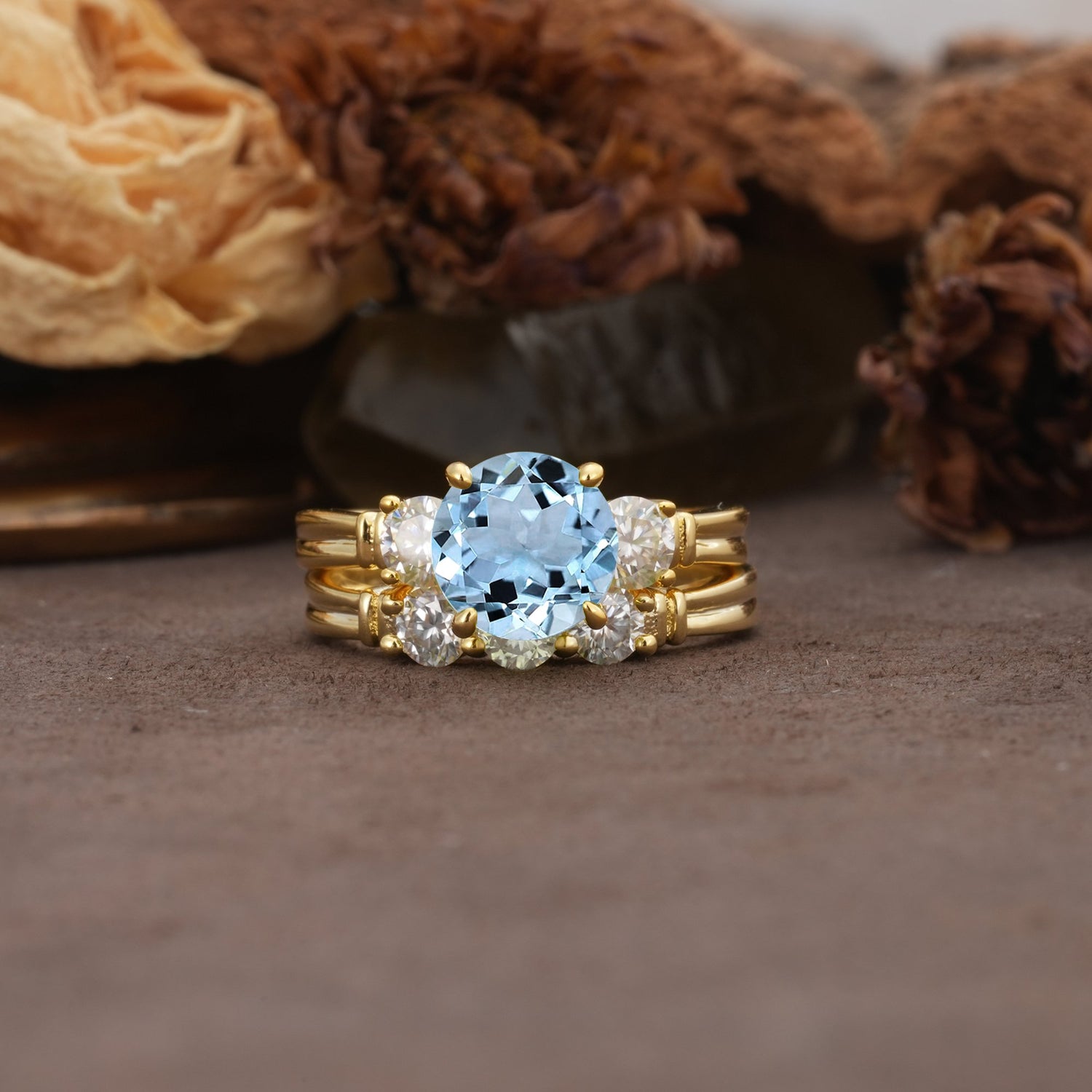 Unique and Elegant 4-Prong Round Cut Aquamarine Three Stones Bridal Ring Set