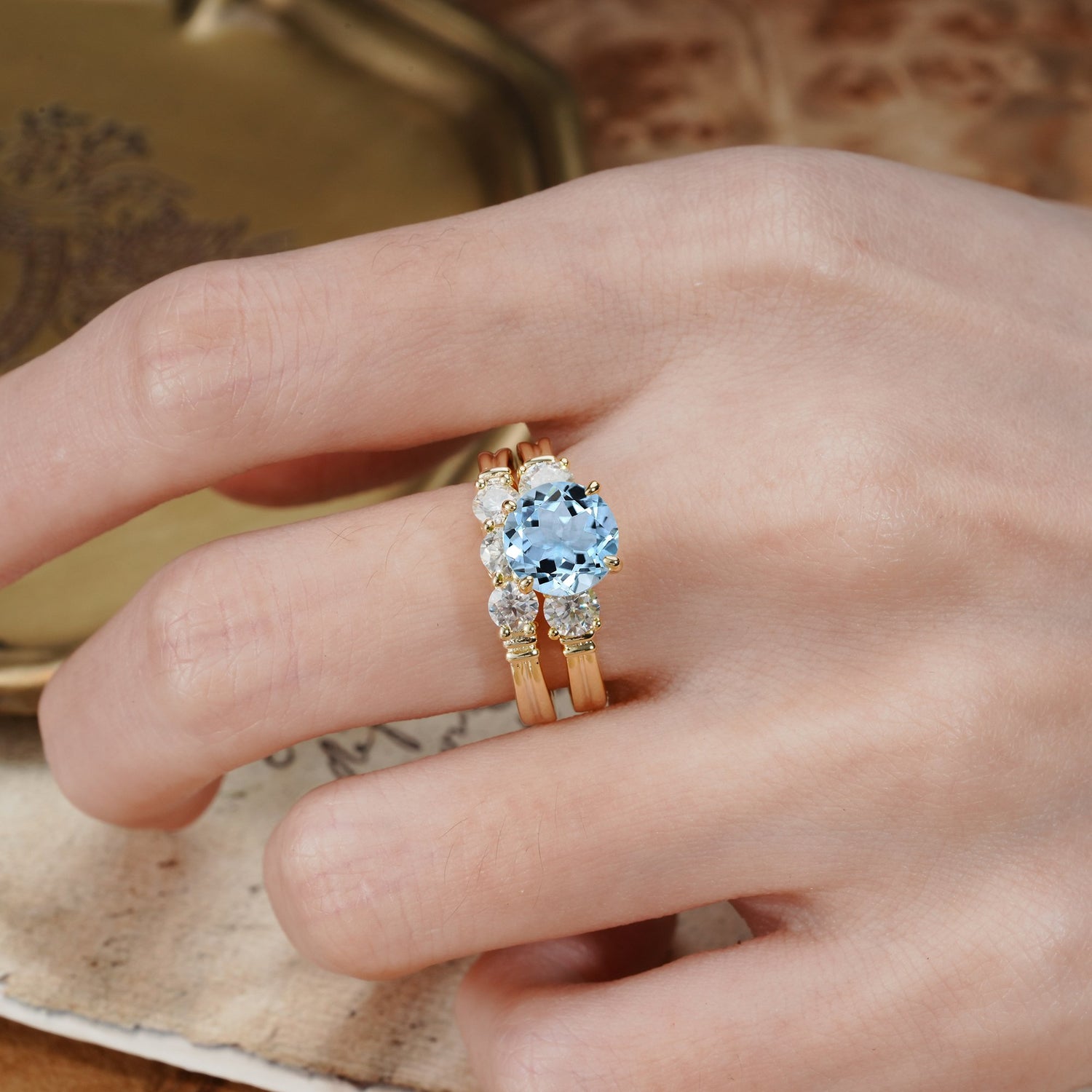 Unique and Elegant 4-Prong Round Cut Aquamarine Three Stones Bridal Ring Set