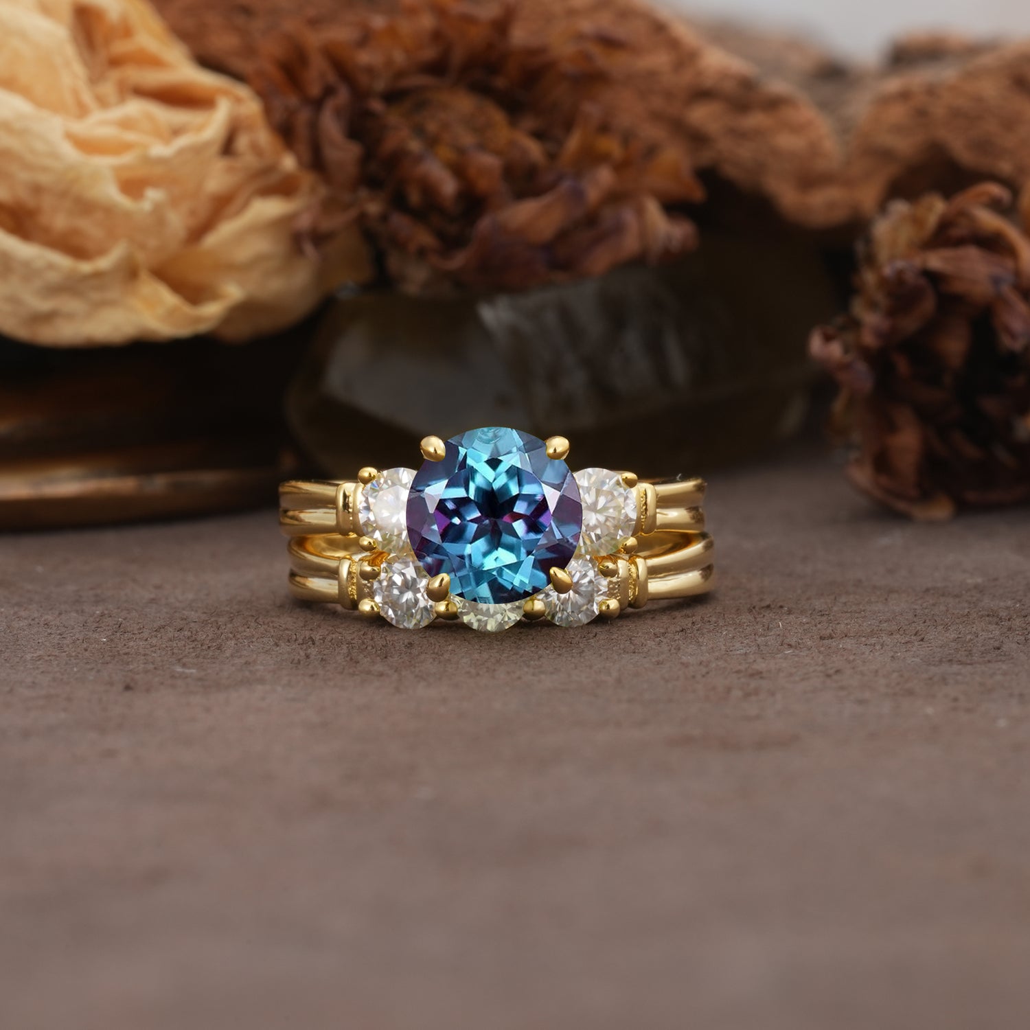 Unique and Elegant 4-Prong Round Cut Alexandrite Three Stones Bridal Ring Set