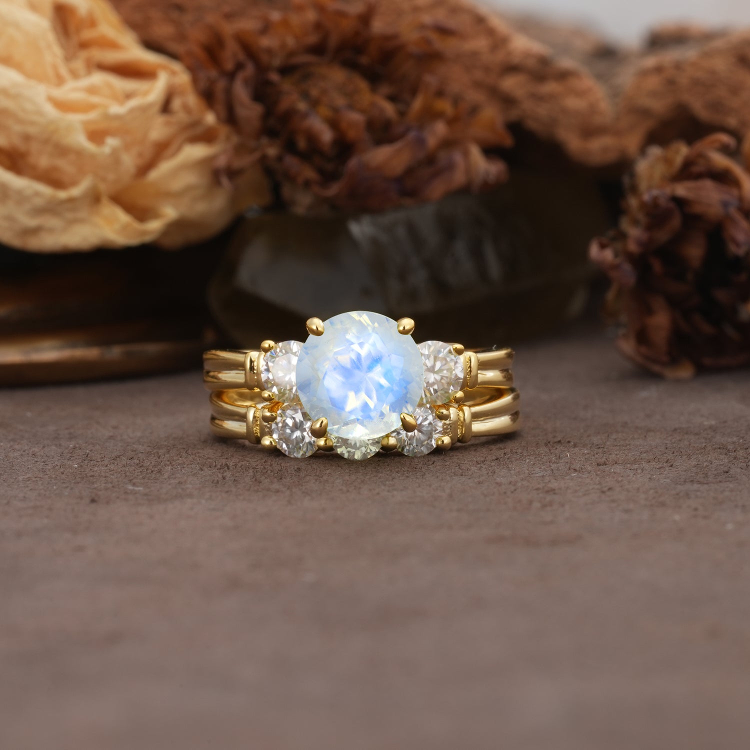 Unique and Elegant 4-Prong Round Cut Moonstone Three Stones Bridal Ring Set