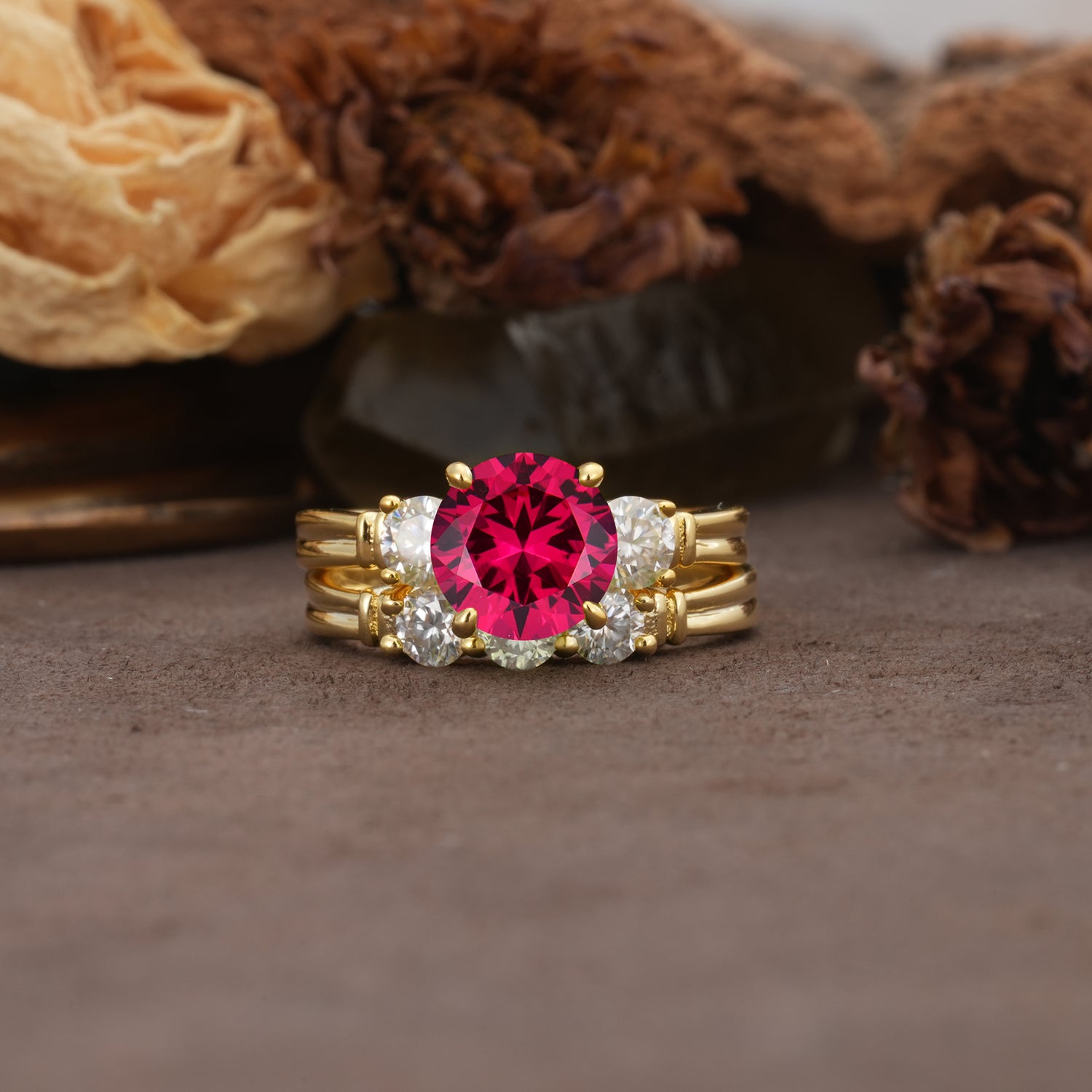 Unique and Elegant 4-Prong Round Cut Ruby Three Stones Bridal Ring Set