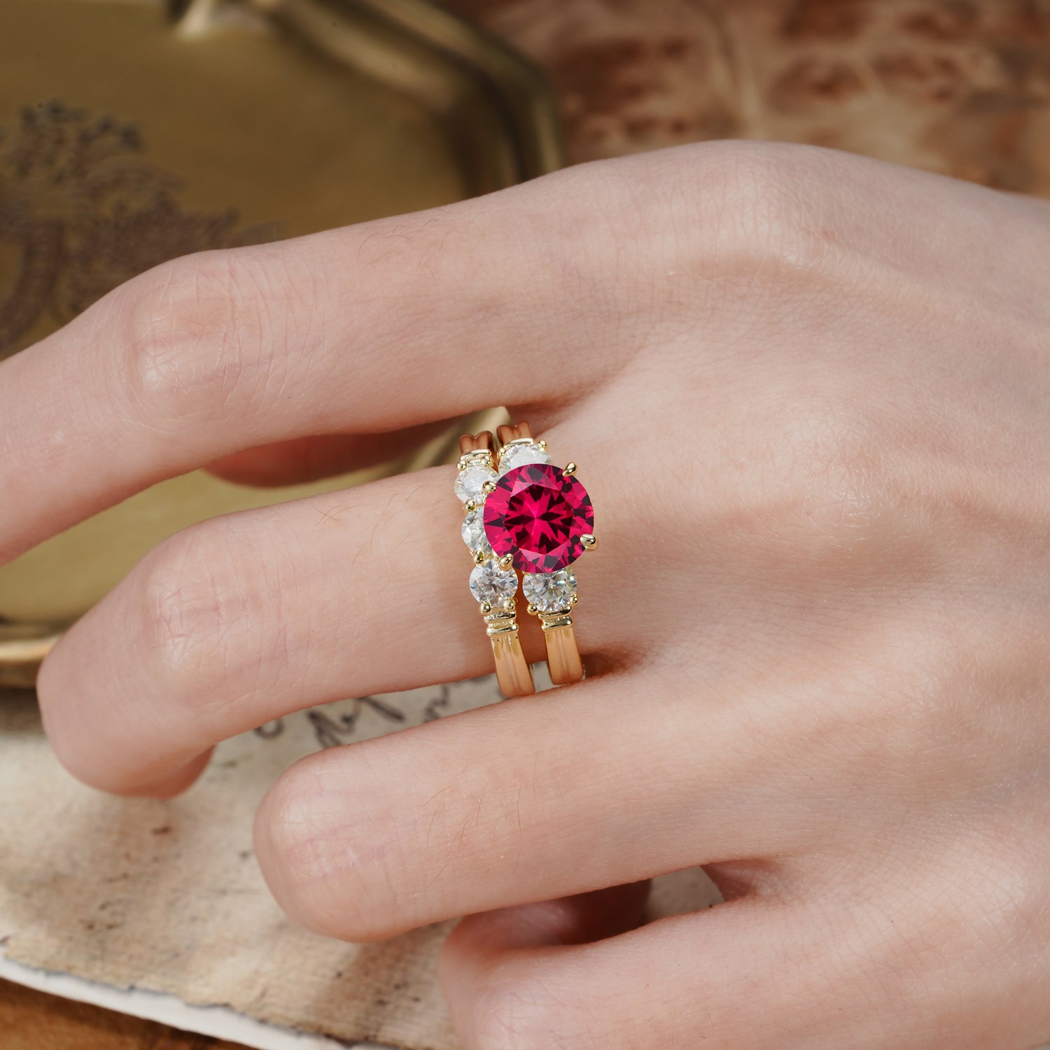Unique and Elegant 4-Prong Round Cut Ruby Three Stones Bridal Ring Set