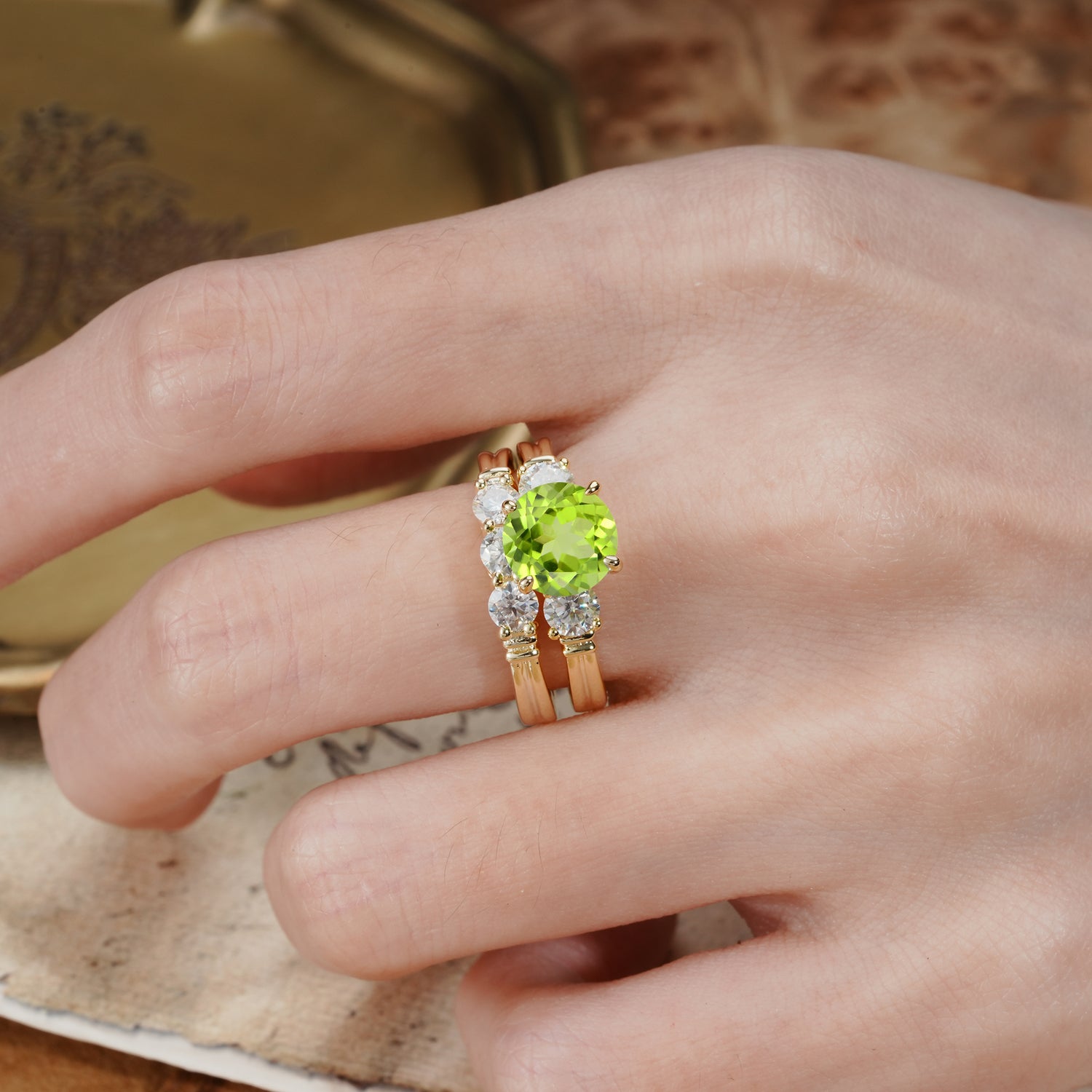Unique and Elegant 4-Prong Round Cut Peridot Three Stones Bridal Ring Set