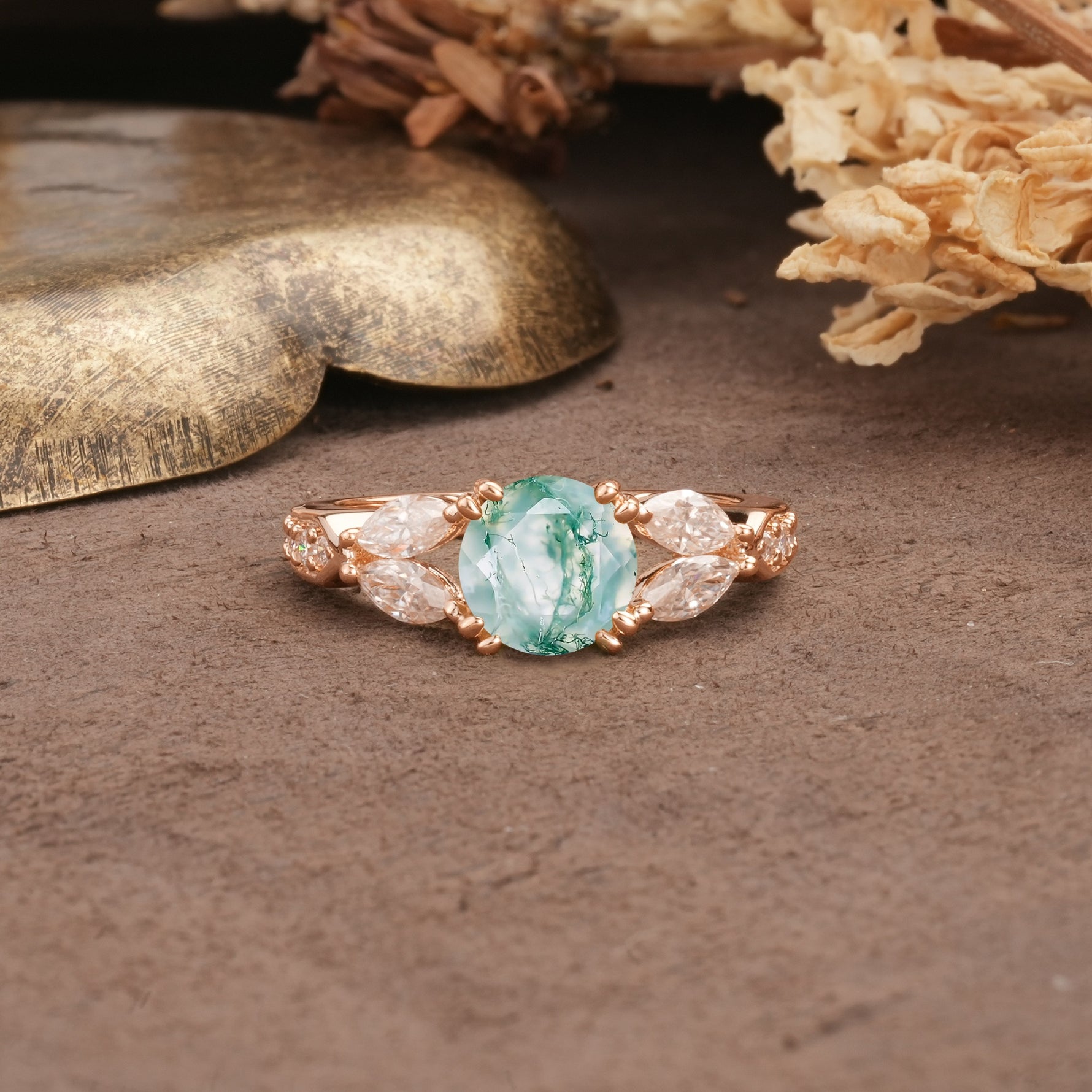 Luxurious and Unique 8-Prong Round Cut Moss Agate Engagement Ring - Additional view