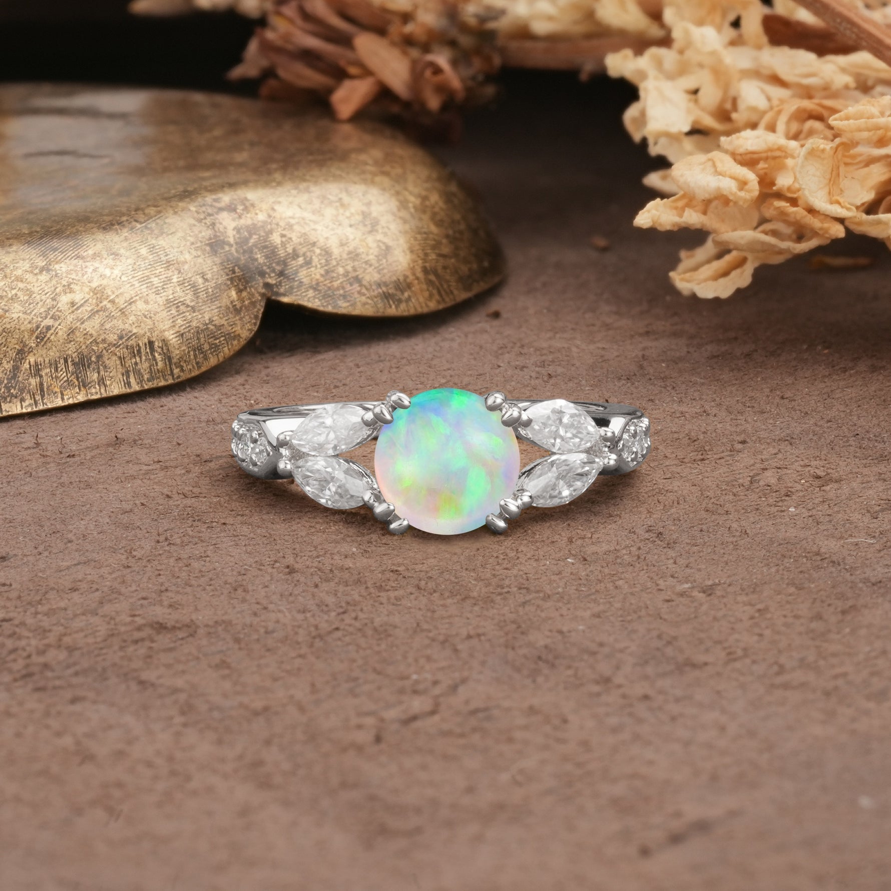 Luxurious and Unique 8-Prong Round Cut Fire Opal Engagement Ring - Additional view
