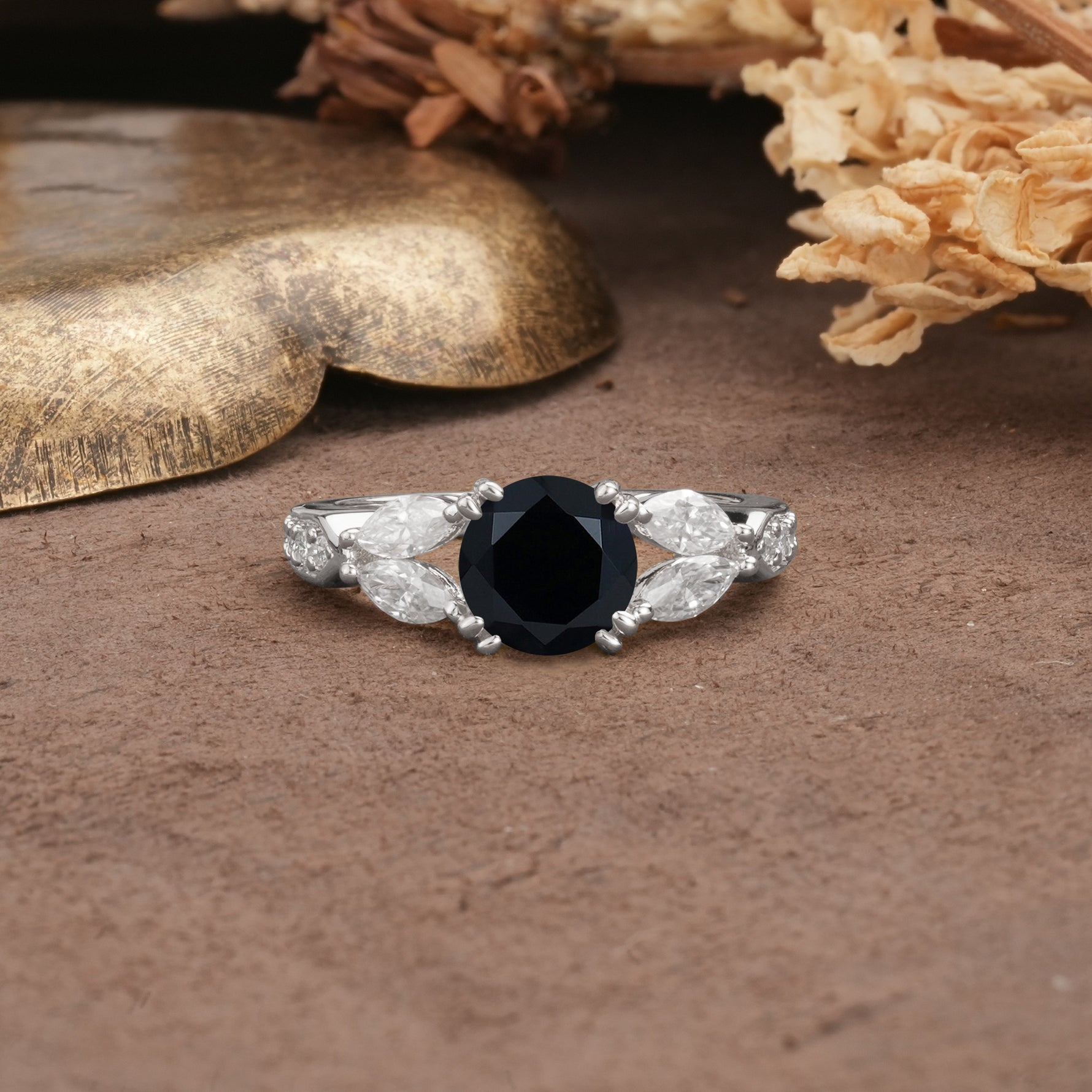 Luxurious and Unique 8-Prong Round Cut Black Onyx Engagement Ring - Additional view