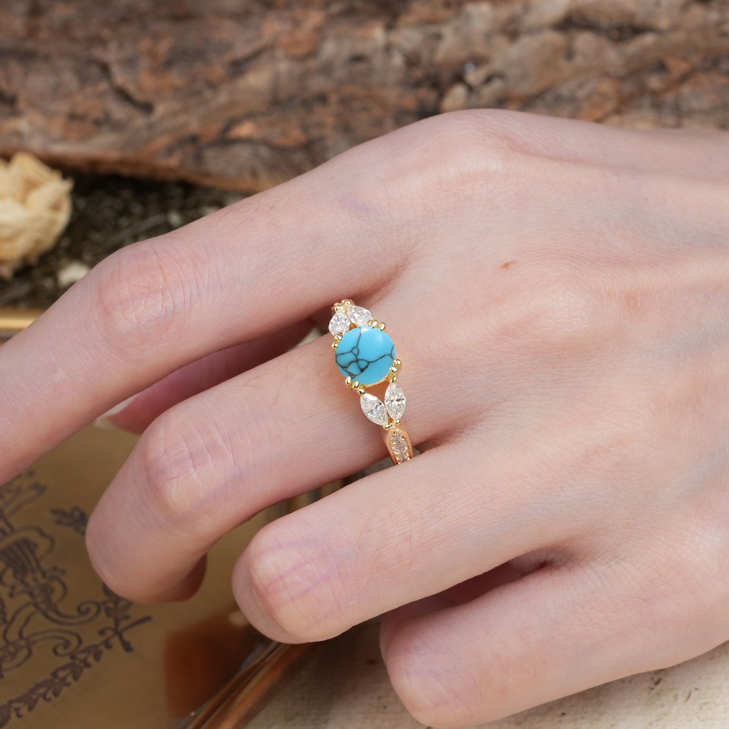 Luxurious and Unique 8-Prong Round Cut Turquoise Engagement Ring - Additional view