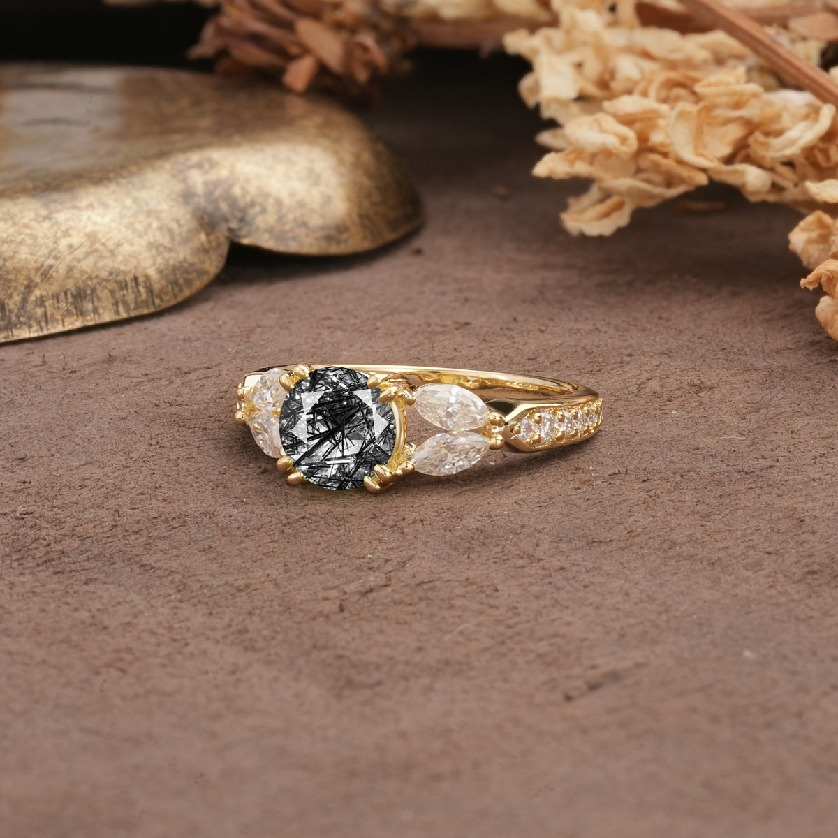Luxurious and Unique 8-Prong Round Cut Black Rutilated Quartz Engagement Ring - Additional view