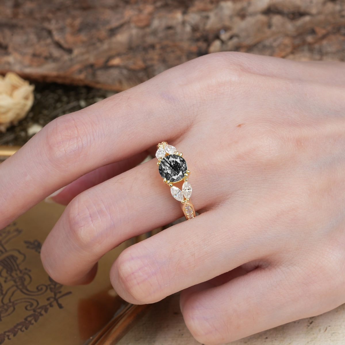 Luxurious and Unique 8-Prong Round Cut Black Rutilated Quartz Engagement Ring - Additional view