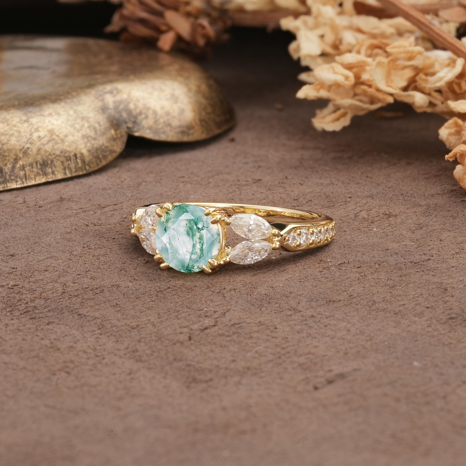 Luxurious and Unique 8-Prong Round Cut Moss Agate Engagement Ring - Additional view