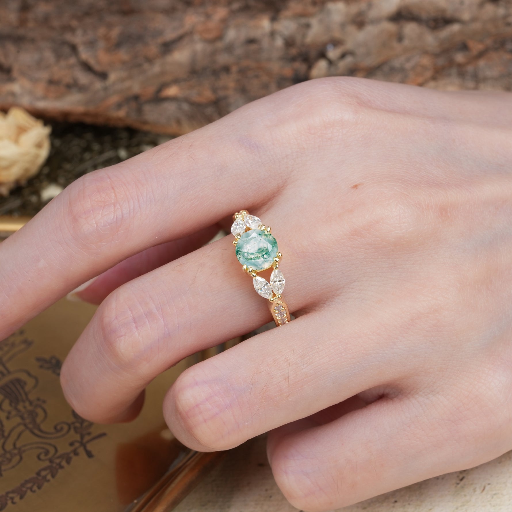 Luxurious and Unique 8-Prong Round Cut Moss Agate Engagement Ring - Additional view