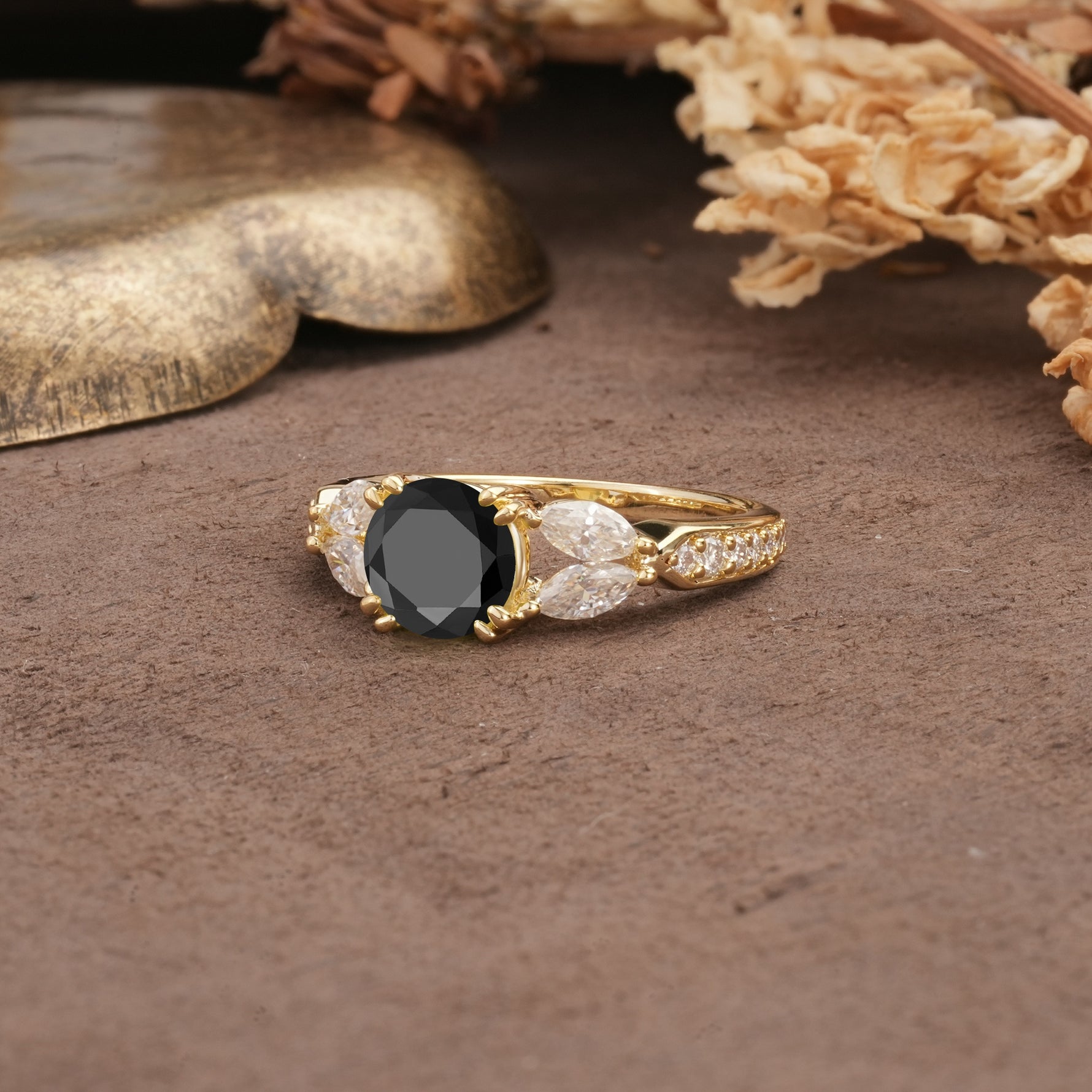Luxurious and Unique 8-Prong Round Cut Black Onyx Engagement Ring - Additional view