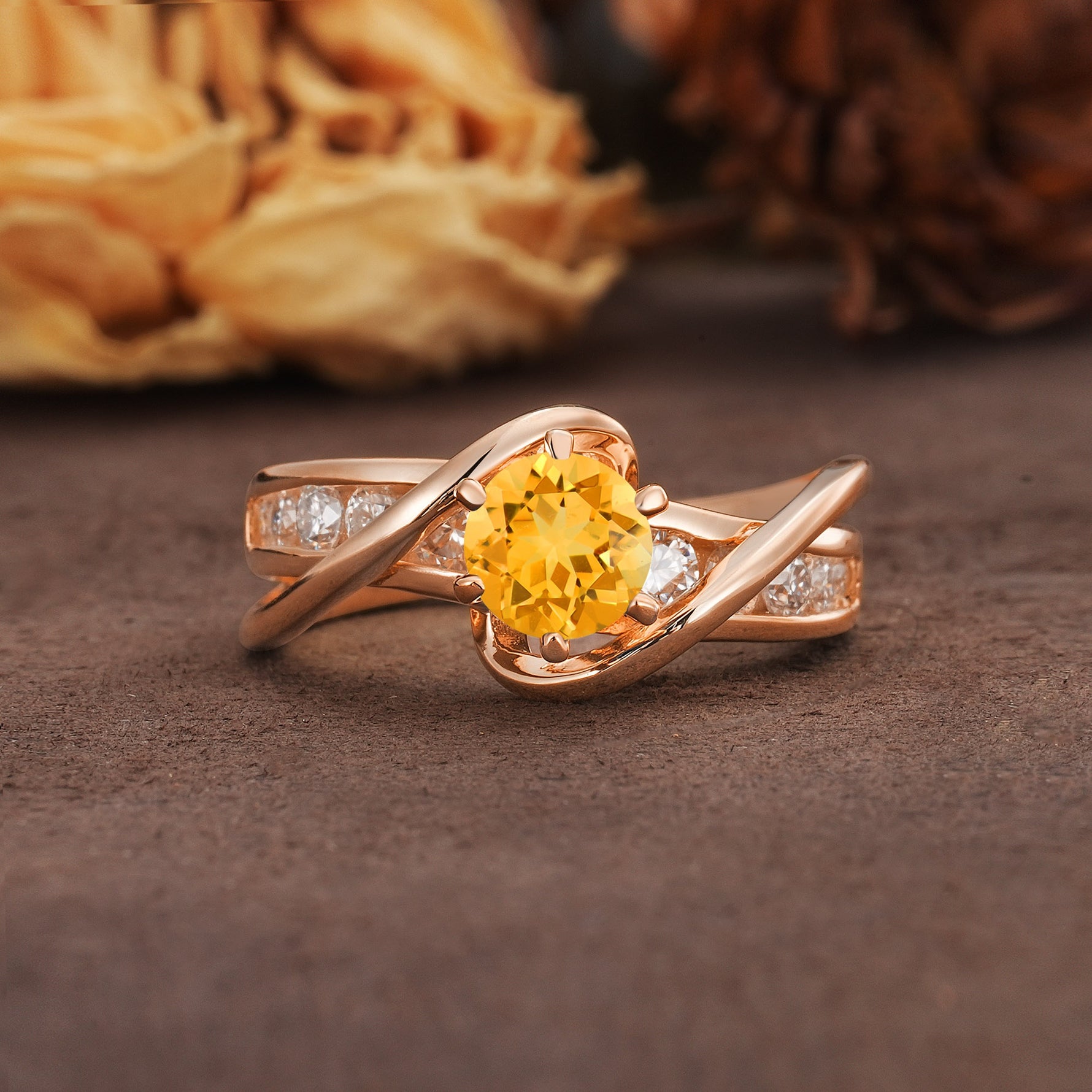 Unique and Elegant Twisted 6-Prong Round Cut Citrine Engagement Ring - Additional view