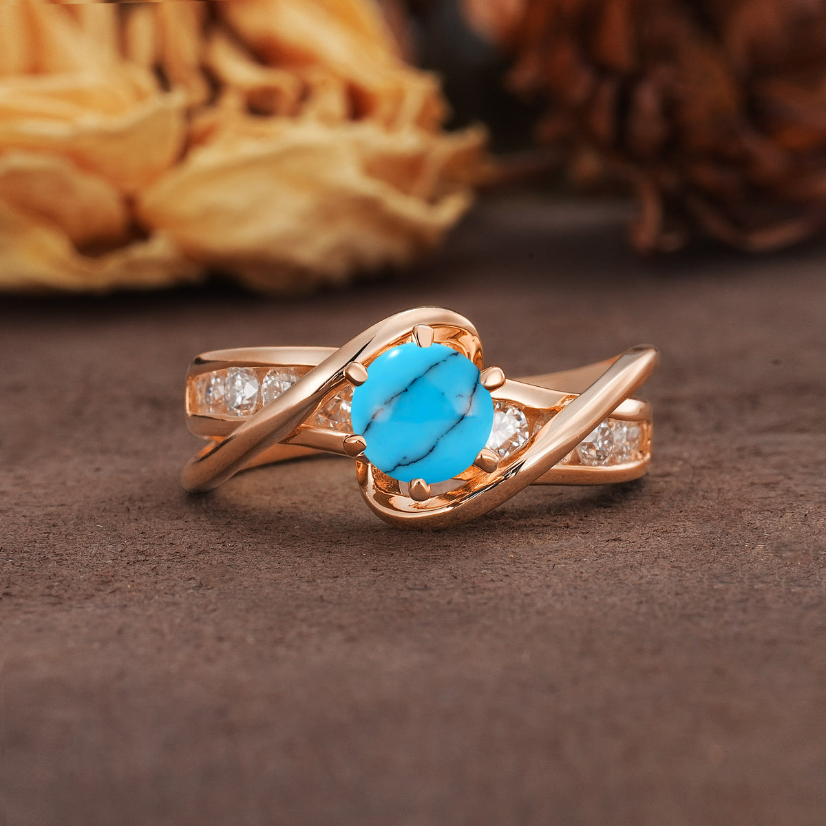 Unique and Elegant Twisted 6-Prong Round Cut Turquoise Engagement Ring - Additional view