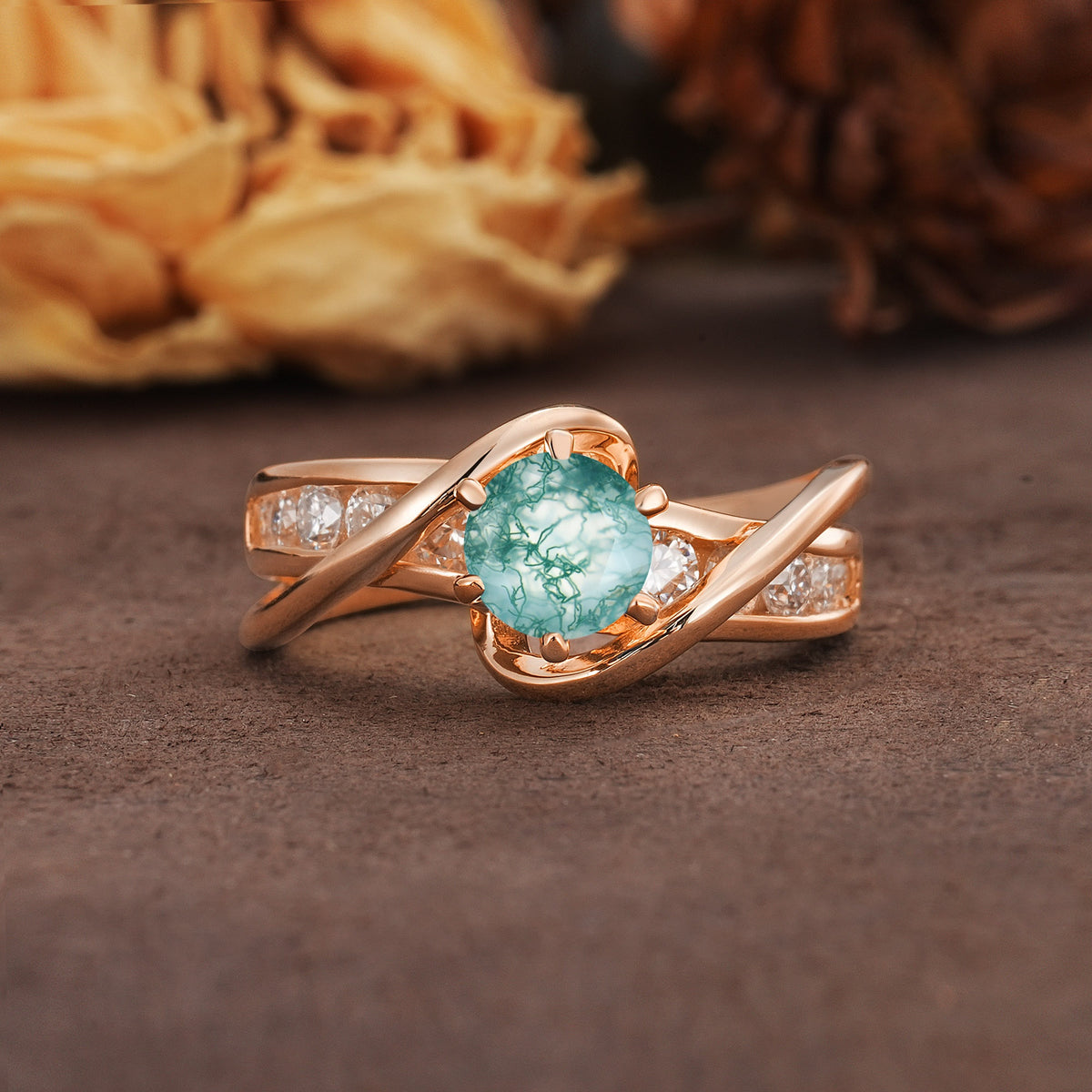 Unique and Elegant Twisted 6-Prong Round Cut Moss Agate Engagement Ring - Additional view